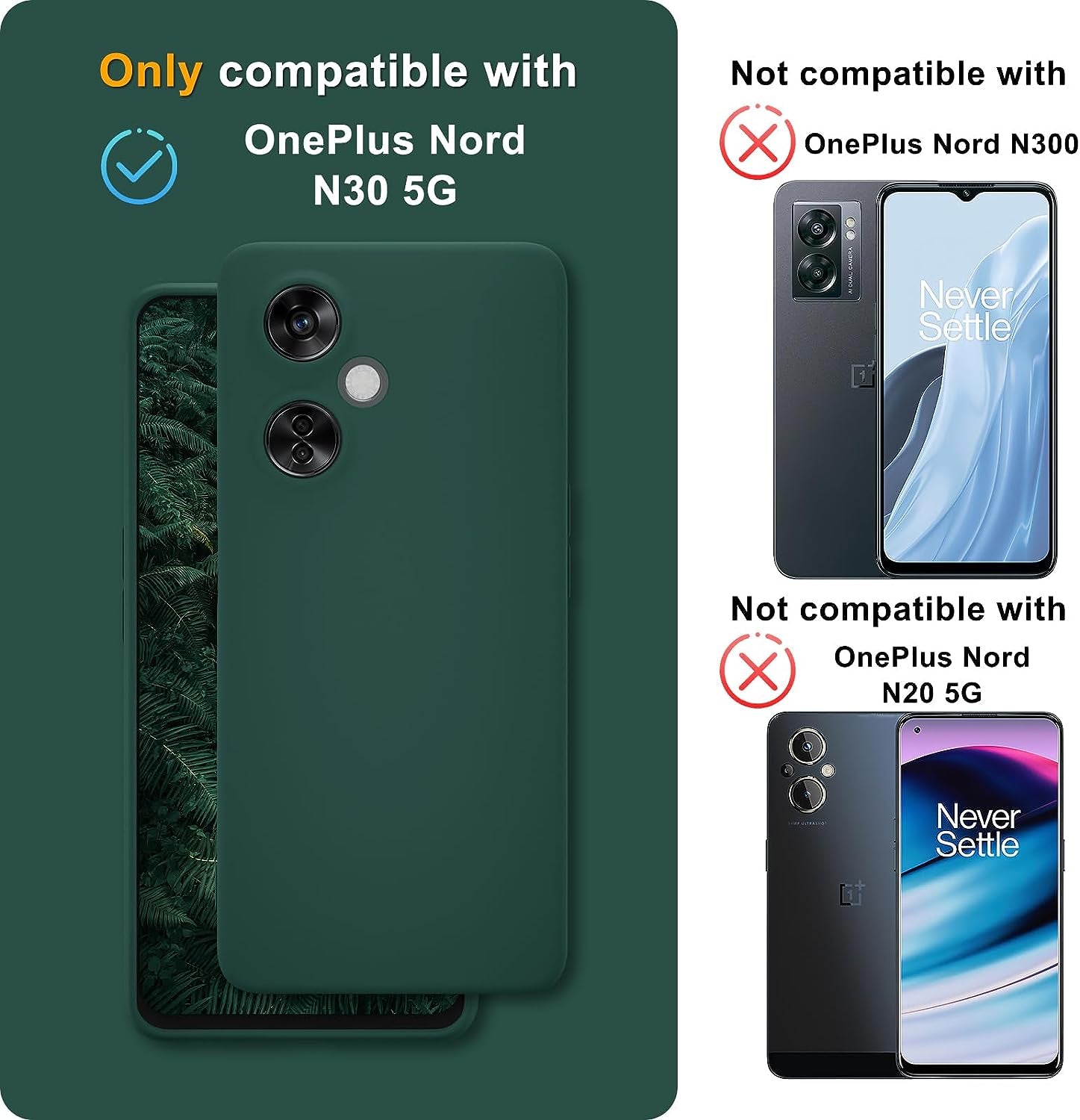 YENAPOON for Oneplus Nord N30 5G Case and 2 Pack Tempered Glass Screen Protector, Slim Liquid Silicone Shockproof Protective Case - Dark Green  YENAPOON   