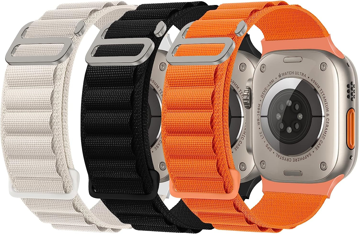 DYKEISS 3 Pack Alpine Loop Nylon Bands Compatible with Apple Watch Band 49Mm 45Mm 44Mm 42Mm 41Mm 40Mm 38Mm, Sport Titanium G-Hook Braided Strap for Iwatch Ultra Series 8/7/SE/6/5/4/3/2/1 Women Men  DYKEISS Starlight/Black/Orange 42mm/44mm/45mm/49mm 