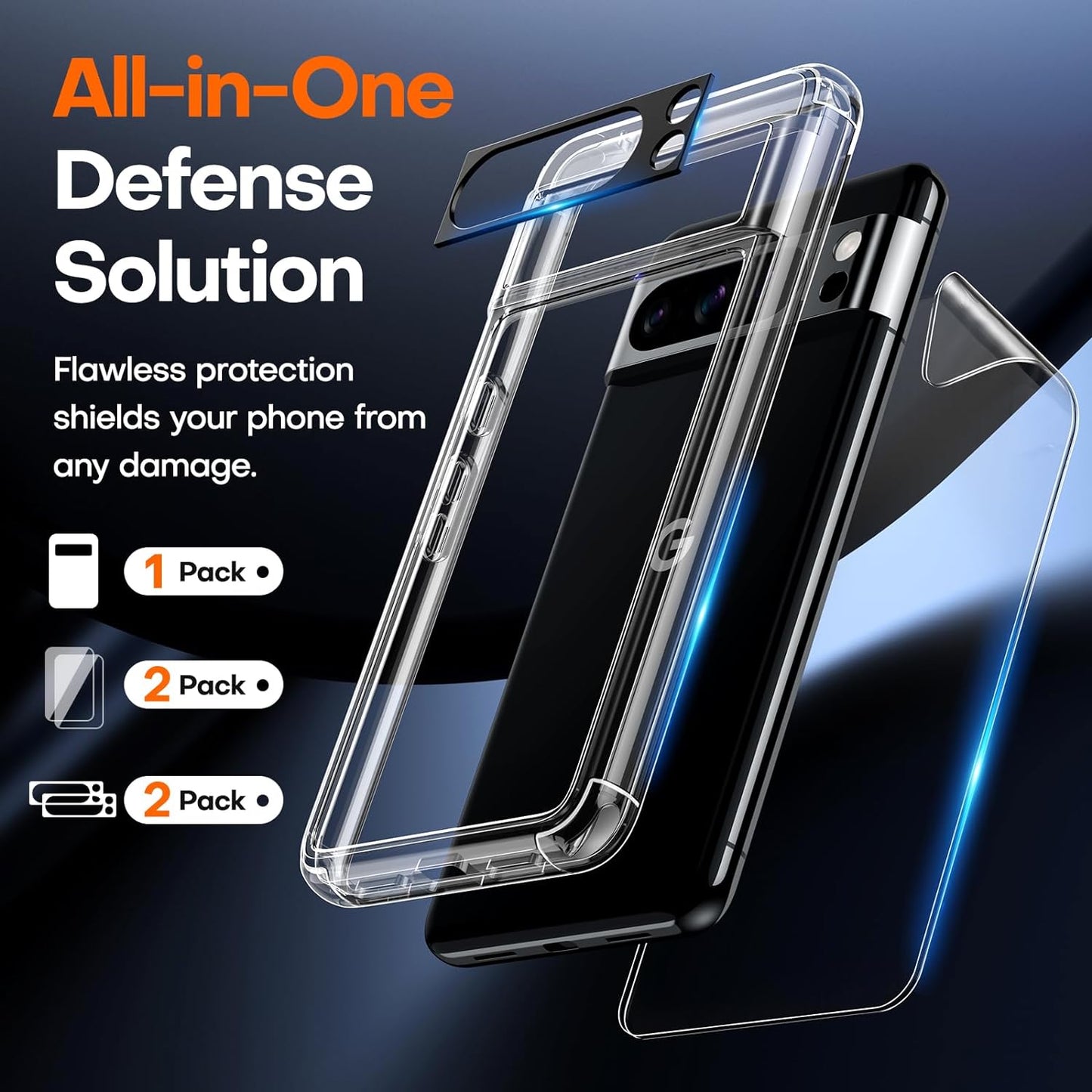 TAURI for Google Pixel 8 Pro Case, [5 in 1] 1X Clear Case [Not-Yellowing] with 2X TPU Film Screen Protector + 2X Camera Lens Protector, [Military Grade Protection] Slim Case for Pixel 8 Pro  TAURI   