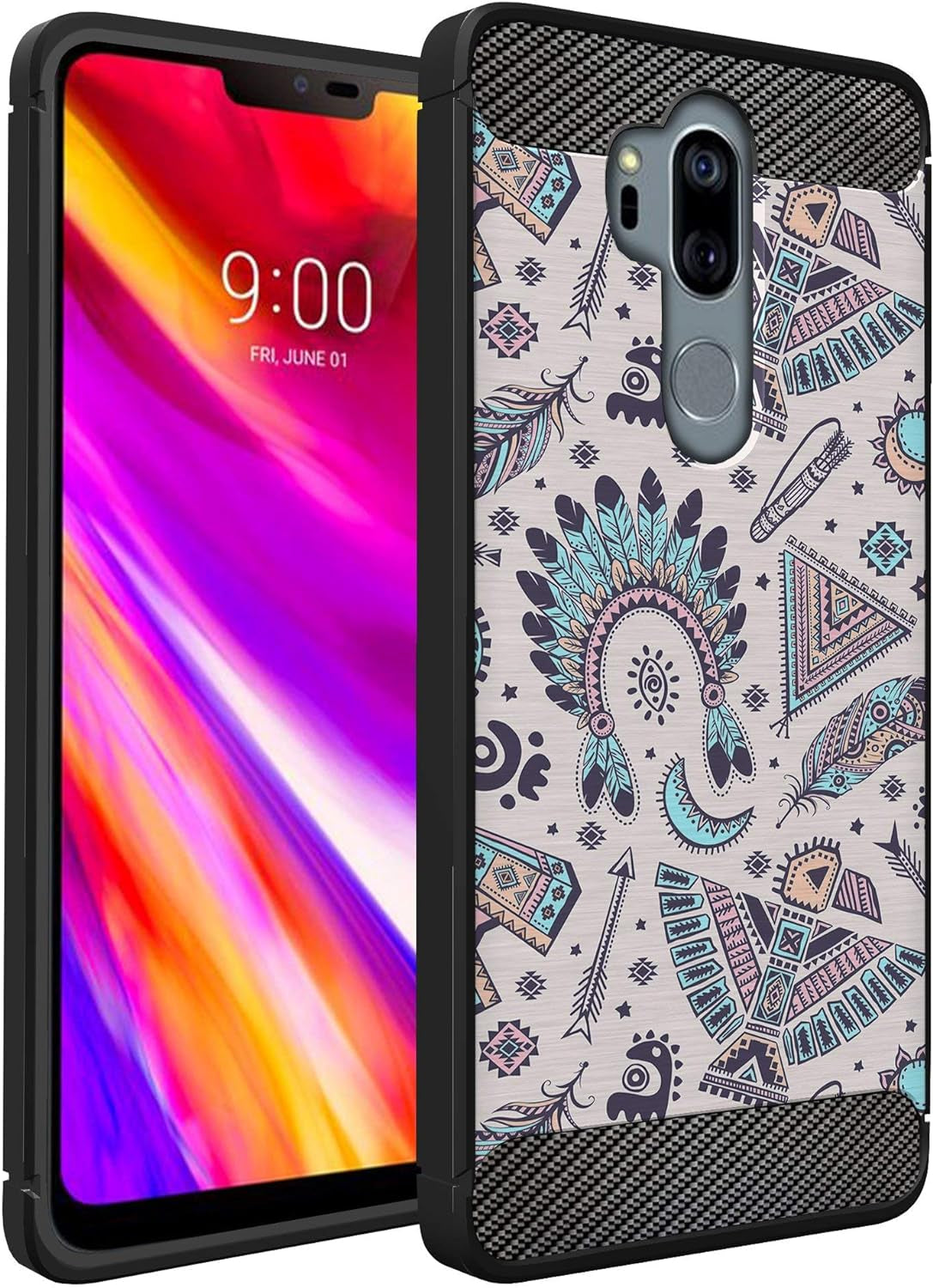 Casesondeck Case Compatible with [LG G7 / LG G7 Thinq] Tribal Floral Matte TPU Flexible Carbon Fiber Textured (Horse Tribal)  CasesonDeck Blue Tribal  