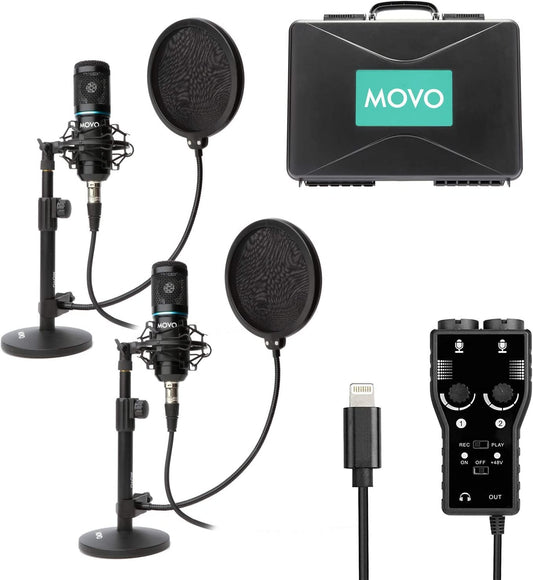 Movo Smartphone Podcast Recording Microphone Kit - 2 Pack Condenser Microphones, 2 Desktop Mic Stands, 2 Pop Filters, 2-Channel XLR Interface with Lightning Output - Compatible with Iphone, Ipad, Ios  Movo   