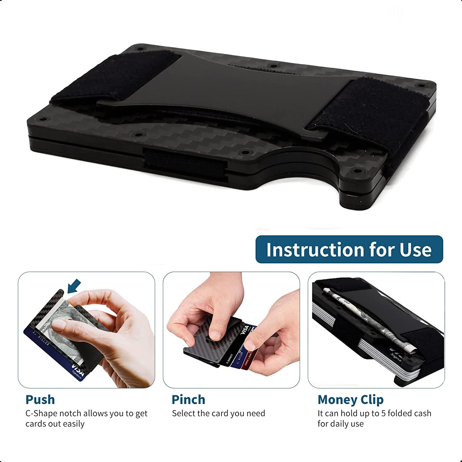 Ahtai Carbon Fiber Wallet for Men - Minimalist Wallet with Cash Strap - Slim Money Clip Metal Wallet - RFID Blocking Mens Wallet with Gift Box - Cash Credit Card Holder  AhTai   