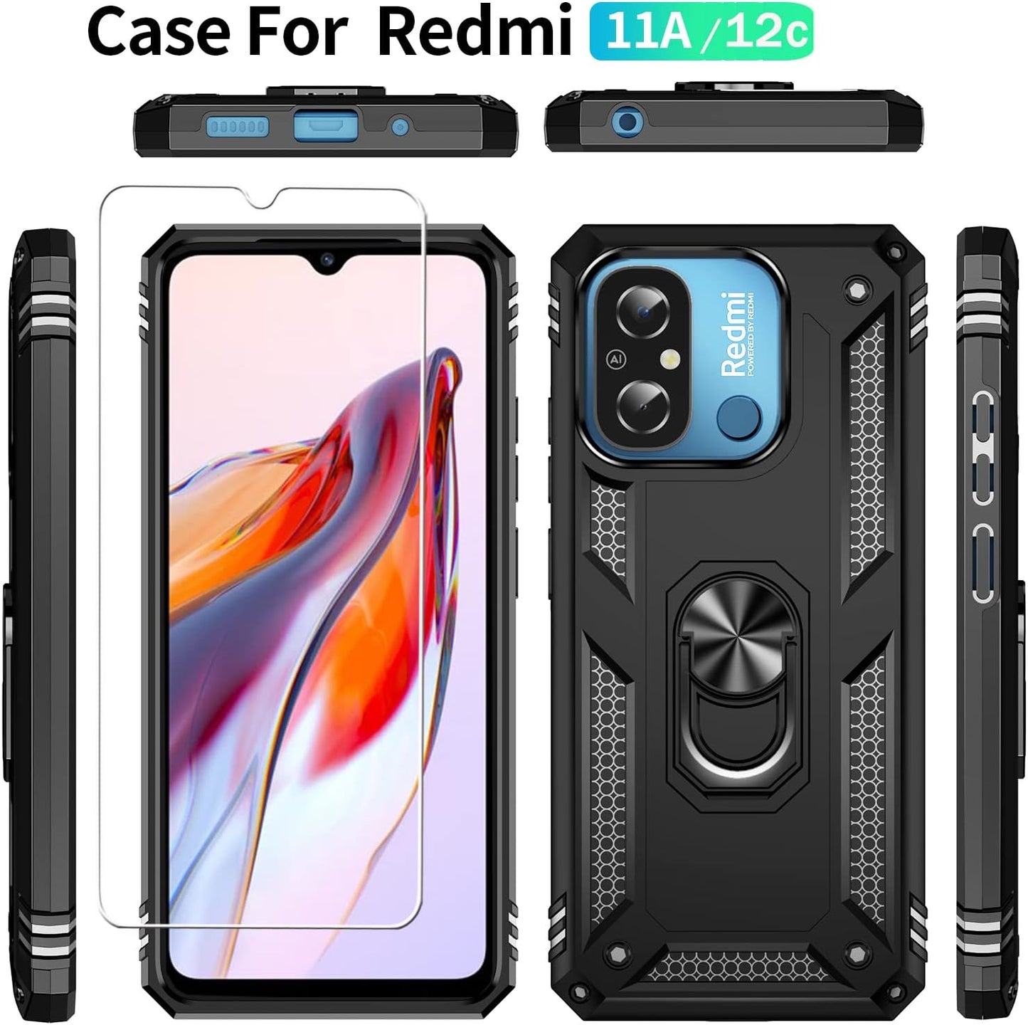 Anvzle for Xiaomi Redmi 12C /Redmi 11A Case with [2 Pack] Tempered Glass Screen Protector, Redmi 12C Case Heavy Duty Armor [Military-Grade] Protective，With Magnetic Ring Stand Phone Cover (Black)  Anvzle   