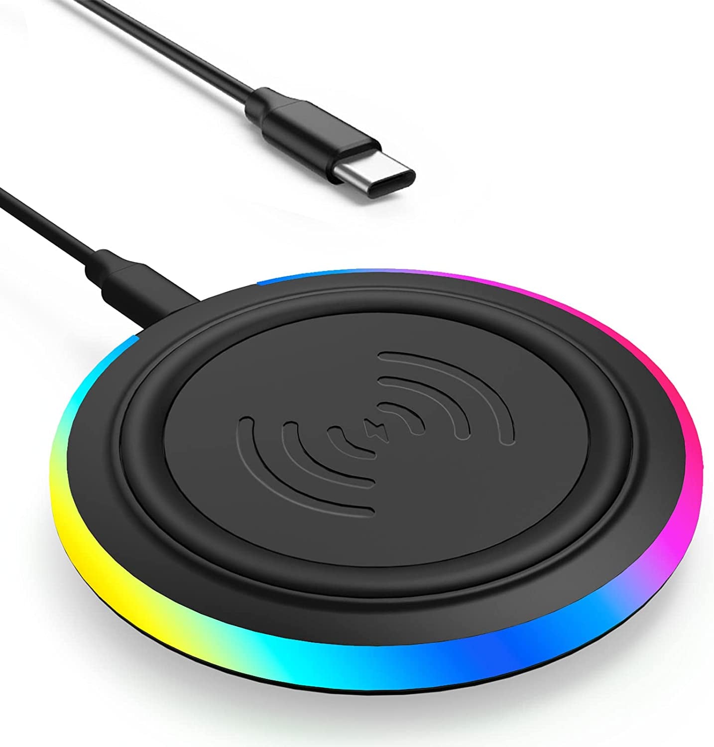 Wireless Charger Pad, 15W Max Fast RGB Wireless Charging Pad Compatible Iphone 14/14 Plus/14 Pro/14 Pro Max/13/13 Mini/Se 2022/12/11/X/8,Samsung Galaxy S22/S21/S20,Airpods 3 2 Pro(No AC Adapter) Black  MMK   