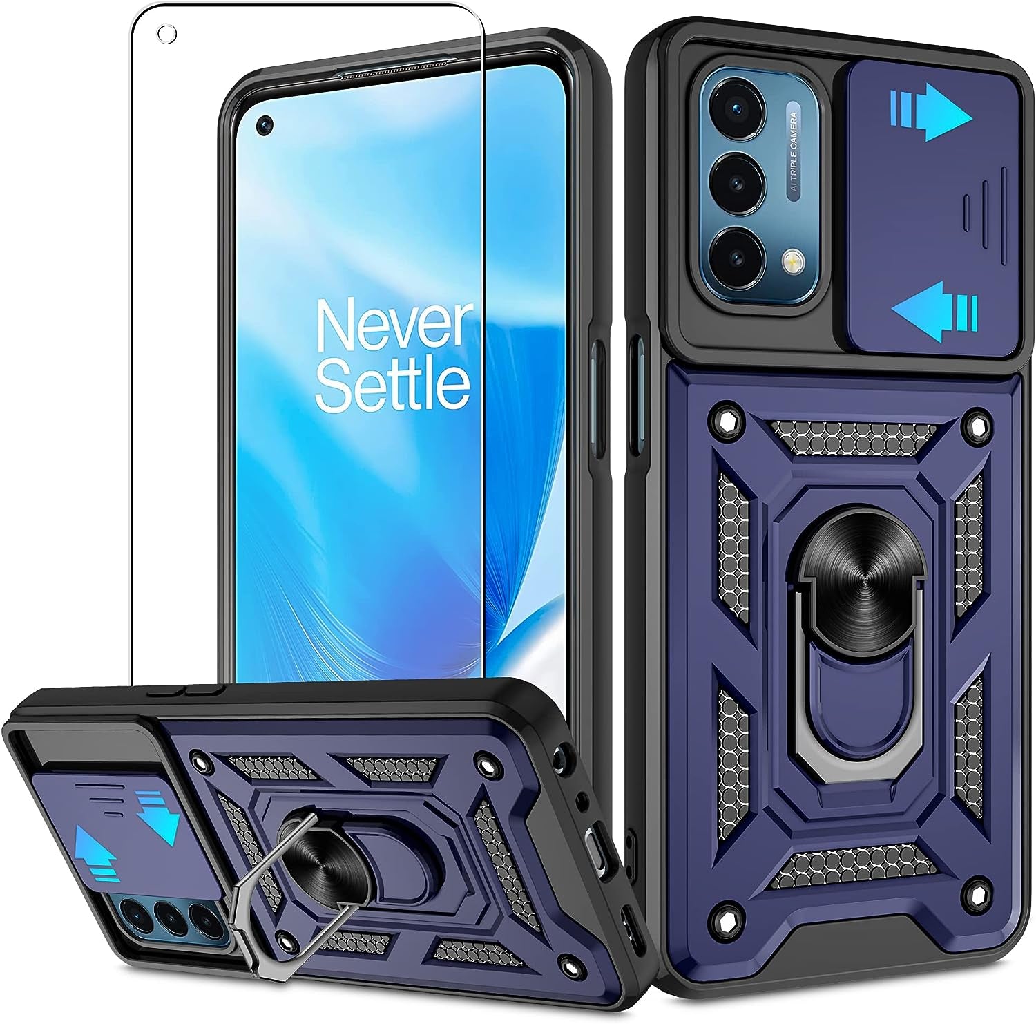For Oneplus Nord N200 5G Case with HD Screen Protector with Slide Camera Cover, Atump 360° Rotation Ring Kickstand [Military Grade] Shockproof Protective Case for Oneplus Nord N200 5G,Black  Atump Blue  