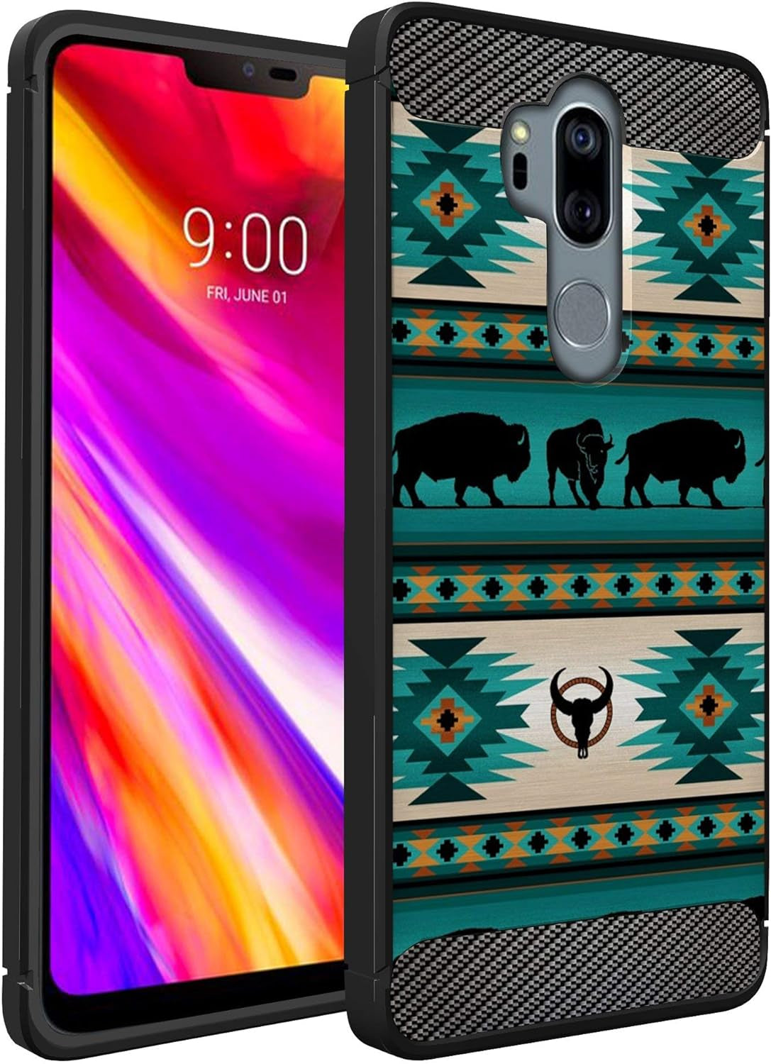 Casesondeck Case Compatible with [LG G7 / LG G7 Thinq] Tribal Floral Matte TPU Flexible Carbon Fiber Textured (Horse Tribal)  CasesonDeck Buffalo Western  