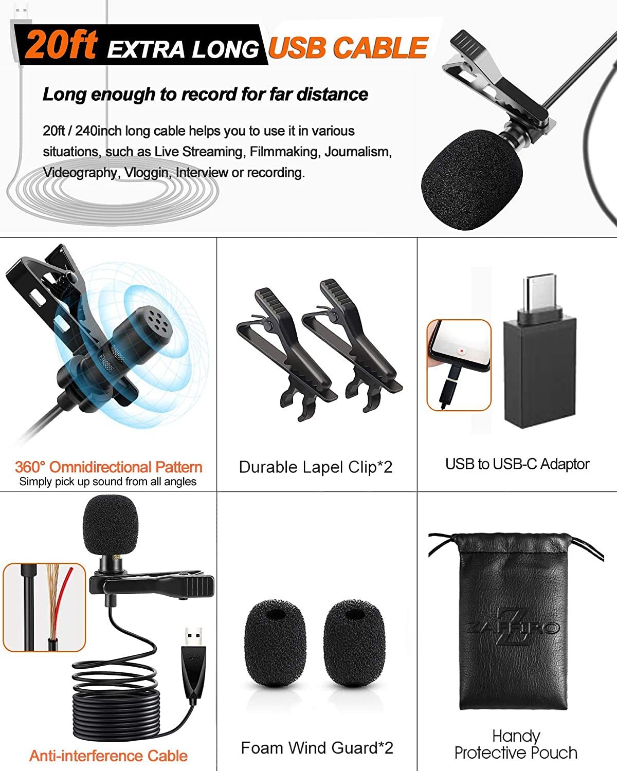 USB Lavalier Lapel Microphone for Video Recording Podcasting Streaming, USB C Clip-On Computer Microphones, Plug & Play Omnidirectional Condenser Lav Mic for Android Phone PC Laptop Mac Macbook PS4  Z ZAFFIRO   