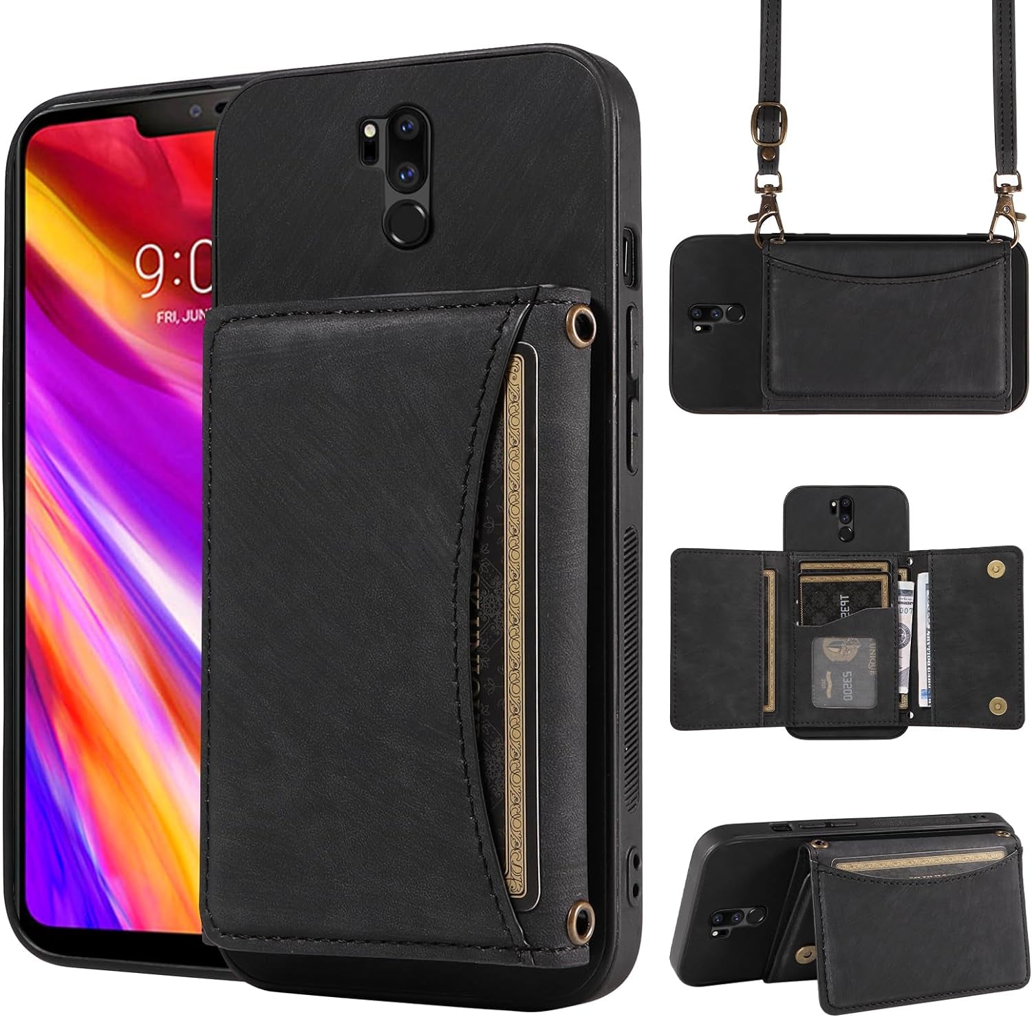 Phone Case for LG G7 Thinq Wallet Cover with Crossbody Shoulder Strap and Leather Credit Card Holder Pocket Slim Stand LGG7 One G 7 plus LG7 Fit Lg7Thinq 7G Thin Q G7+ G7Thinq Lgg7Thinq Girls Red  Dswteny Black  