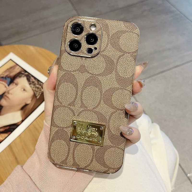 Designer Iphone 14 plus Case for Women Luxury 6.7 Inch, Leather Back Edge with Plate Gold Rim Classic Pattern Bling Glitter Nameplate Camera Protection Cover, Non Slip Shockproof Protective, Khaki  JIUDUIDODO   