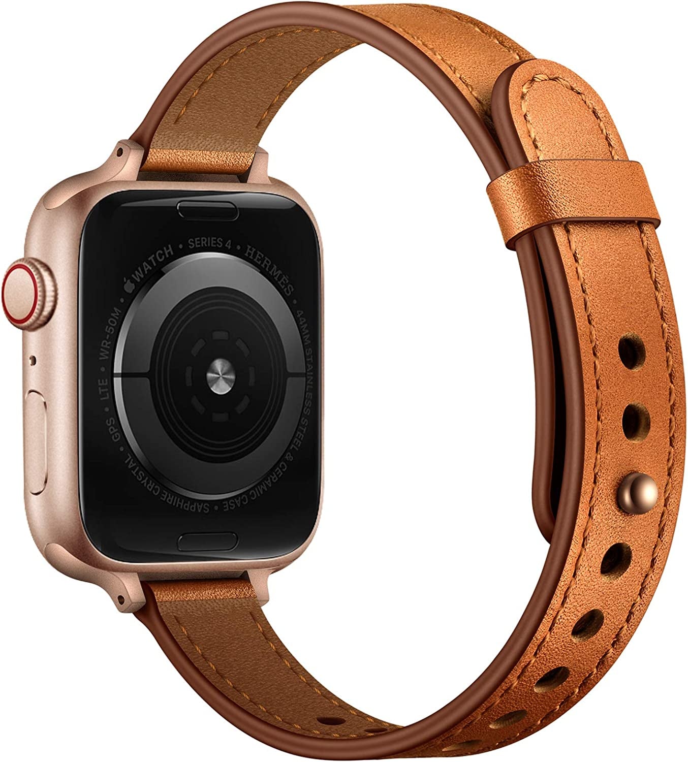 OUHENG Slim Band Compatible with Apple Watch Band 41Mm 40Mm 38Mm, Women Genuine Leather Band Replacement Thin Strap for Iwatch SE SE2 Series 8 7 6 5 4 3 2 1 (Brown/Rose Gold, 41Mm 40Mm 38Mm)  OUHENG   