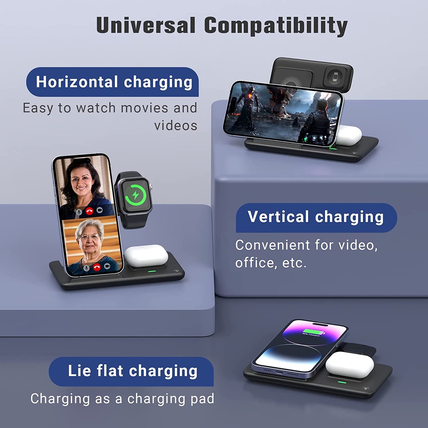Charging Station for Apple Multiple Devices, 3 in 1 Fast Wireless Charger Foldable for Iphone 14/13/12/11/Pro/Xs/Xs Max/Xr/X/Se/8/8 plus Apple Watch 8/7/6/SE/5/4/3/2 Airpods 3/2/Pro with Adapter  Bauhoo   
