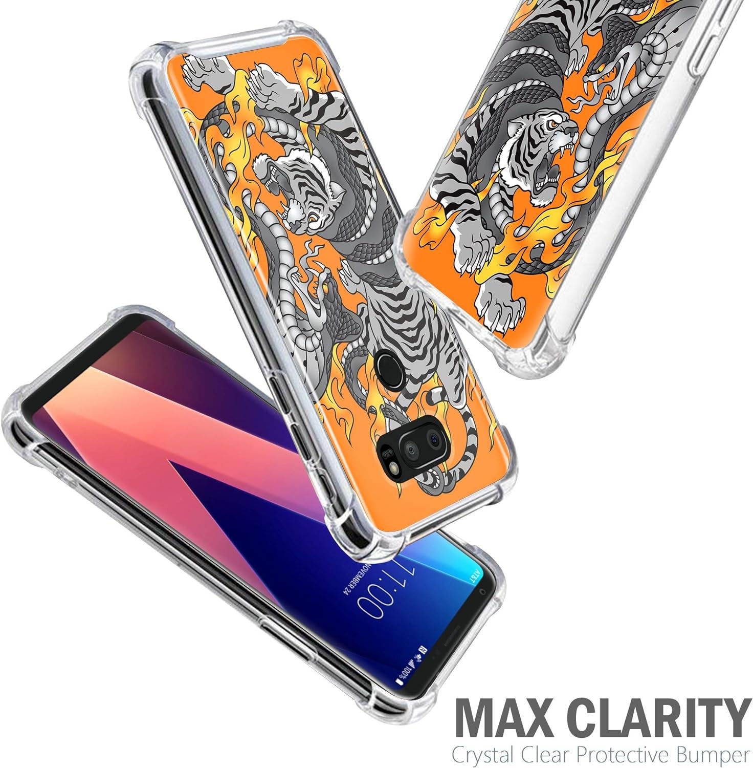 Casesondeck Fitted Case Compatible with [LG V30S Thinq and LG V30] Full Body Clear Bumper Case Slim Fitted Unique Cover (Cobra Tiger)  CasesonDeck   