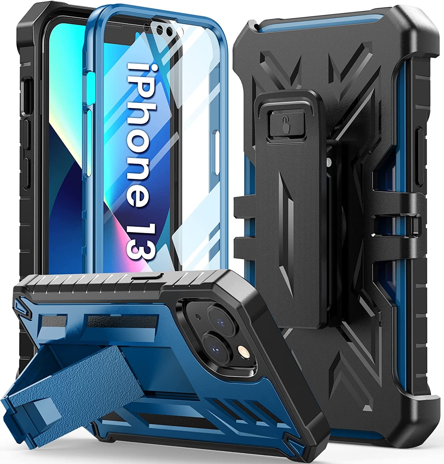 For Iphone 13-14 Case Protective Cover: Heavy Duty Military Grade Hard Protection with Belt Clip | Shock Proof Grip Durable Design Iphone 13 Cell Phone Case with Built-In Kickstand (Belt-Clip Blue)  SOiOS Blue Belt-clip  