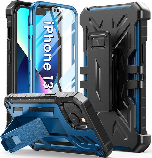 For Iphone 13-14 Case Protective Cover: Heavy Duty Military Grade Hard Protection with Belt Clip | Shock Proof Grip Durable Design Iphone 13 Cell Phone Case with Built-In Kickstand (Belt-Clip Blue)  SOiOS Blue Belt-clip  