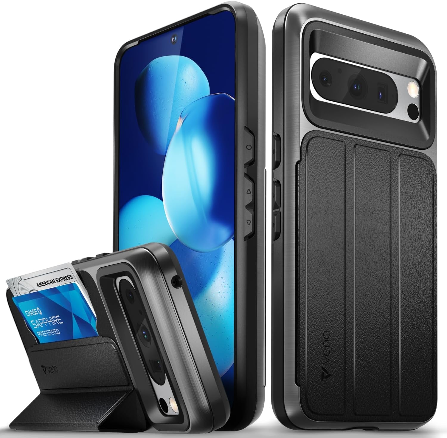 VENA Vcommute Wallet Case Compatible with Google Pixel 8 Pro (2023), (Military Grade Drop Protection) Flip Leather Cover Card Slot Holder with Kickstand - Space Gray  Vena   