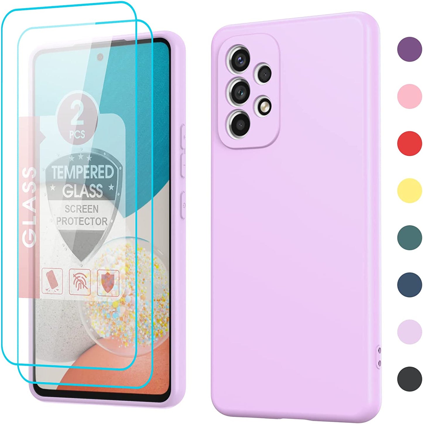 Leyi for Galaxy A53 Case, Case for Galaxy A53 5G with [2 Pack] Tempered Glass Screen Protector, Liquid Silicone Soft Microfiber Liner Cover Phone Case Samsung A53 5G, Orange  LeYi Purple  