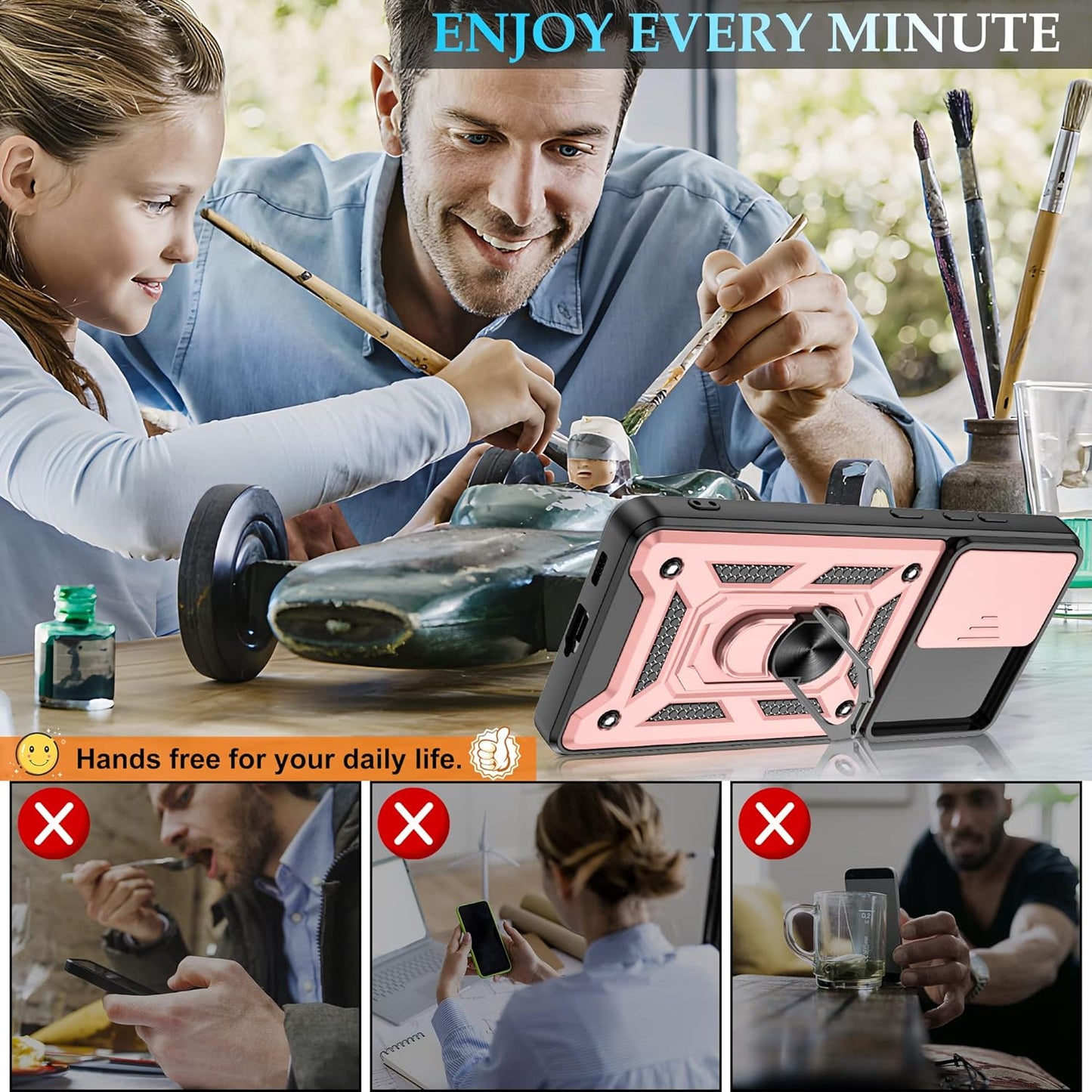 Compatible with Samsung Galaxy S21 Ultra Case,S21 Ultra Case with HD Screen Protector with Slide Camera Cover, 360°Rotation Ring Kickstand [Military Grade] Case for Galaxy S21 Ultra, Rose Gold  Gritup   