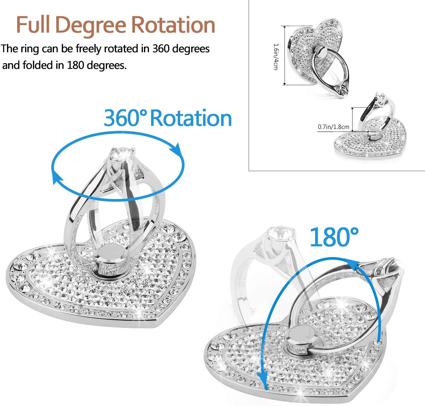 Cell Phone Finger Ring Stand with Sparkly Diamond, Nsiucion Heart Phone Ring Kickstand Holder [Washable] [Removable], 360°Rotation Zinc Alloy Ring Grip Stand for All Phones and Tablets (Silver)  Nsiucion   