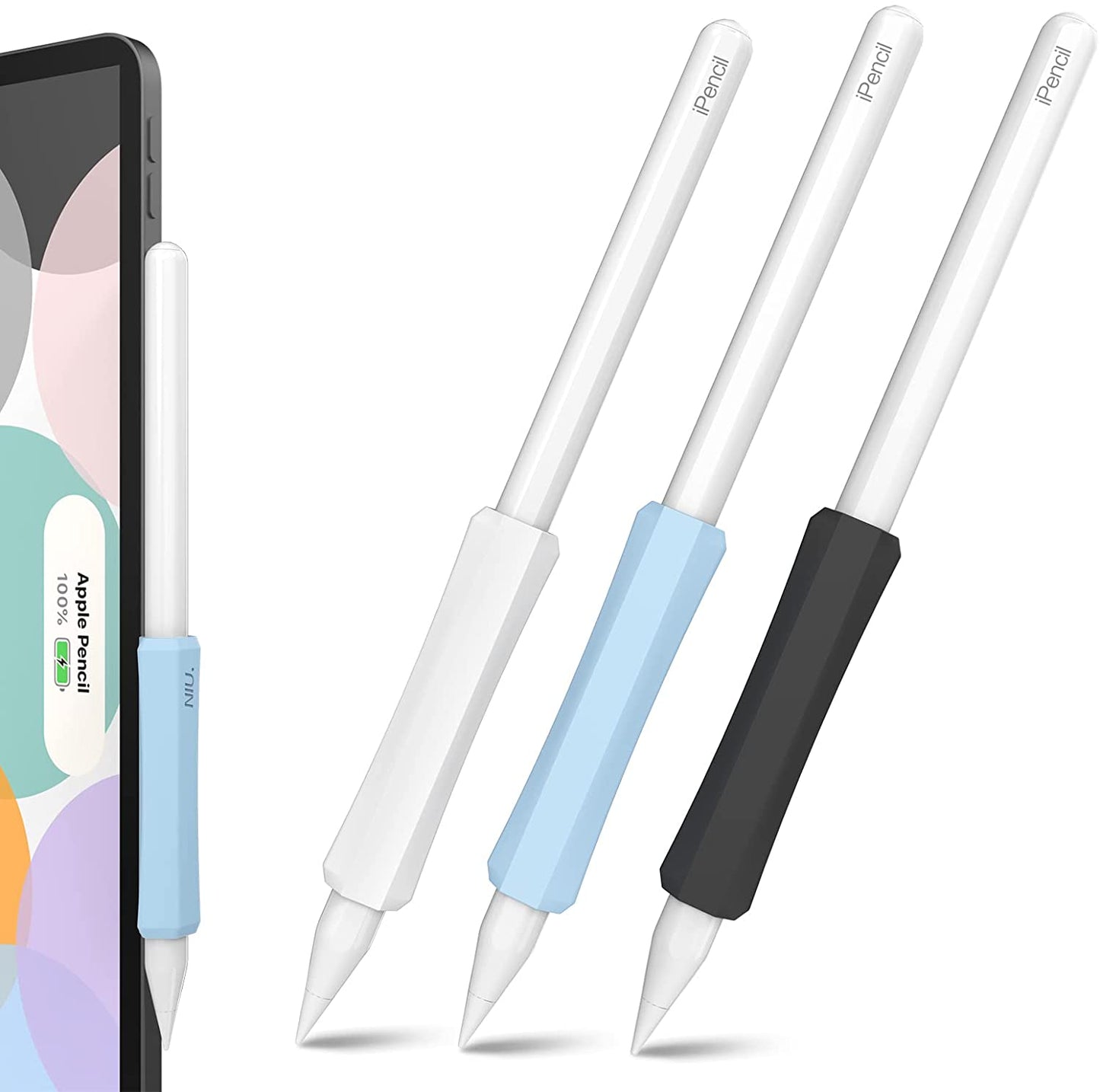 NIUTRENDZ 3 Pack Apple Pencil Grip Silicone Case Accessories Cover Ergonomic Design Sleeve Compatible with Magnetic Charging and Double Tap (Apple Pencil 2Nd Generation, White + Grey + Black)  NIUTRENDZ White + Blue + Black Apple Pencil 2nd Generation 