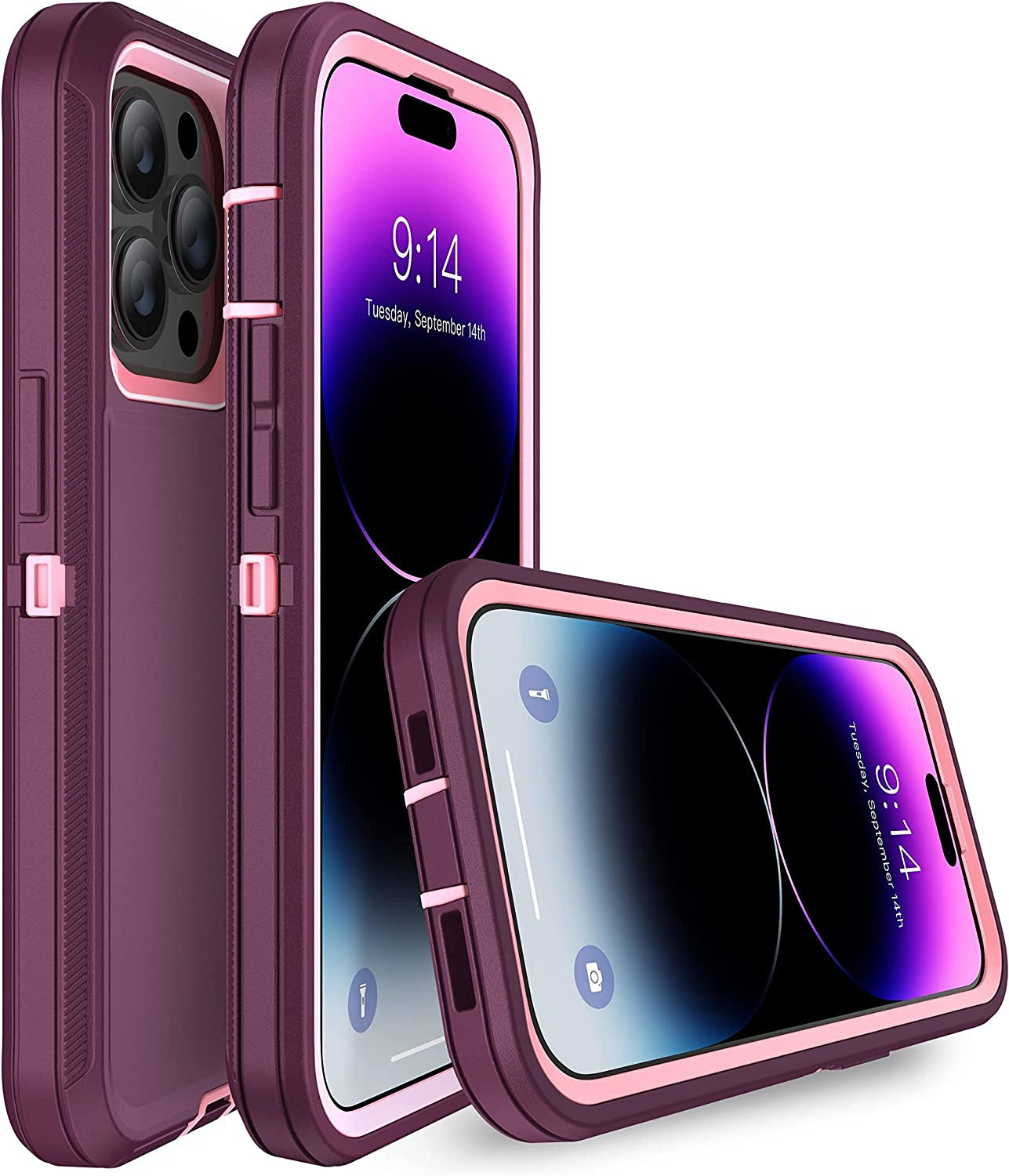 MXX Iphone 14 Pro Heavy Duty Case, 3-Layer Full Body Protection, Tempered Glass and Camera Lens Protector (Plum/Light Pink)  MXx Accessories LLC   
