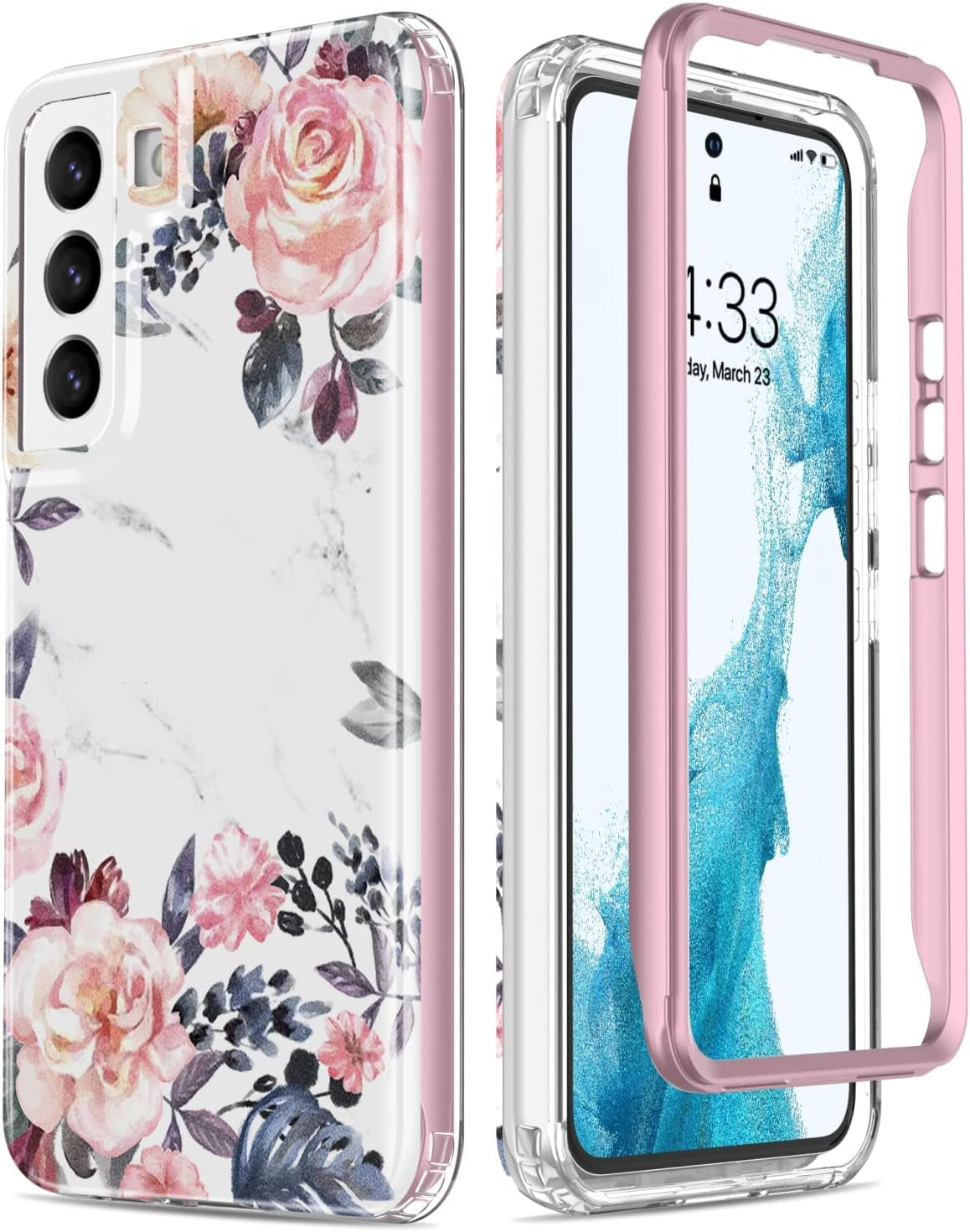 Esdot for Samsung Galaxy S22 plus Case,Military Grade Passing 21Ft Drop Test,Rugged Cover with Fashionable Designs for Women Girls,Protective Phone Case for Galaxy S22+ plus 6.6" Agate Stone  Esdot Pink Flowers Leaves  