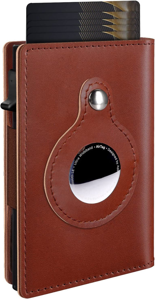 BIANNUAL Men Airtag Wallet with Money Clip，Nimalist Airtag Wallet - Leather RFID Technology Credit Card Holder, Popup Wallet Airtag for Men，For Apple Airtag。 (Brown)  BIANNUAL   