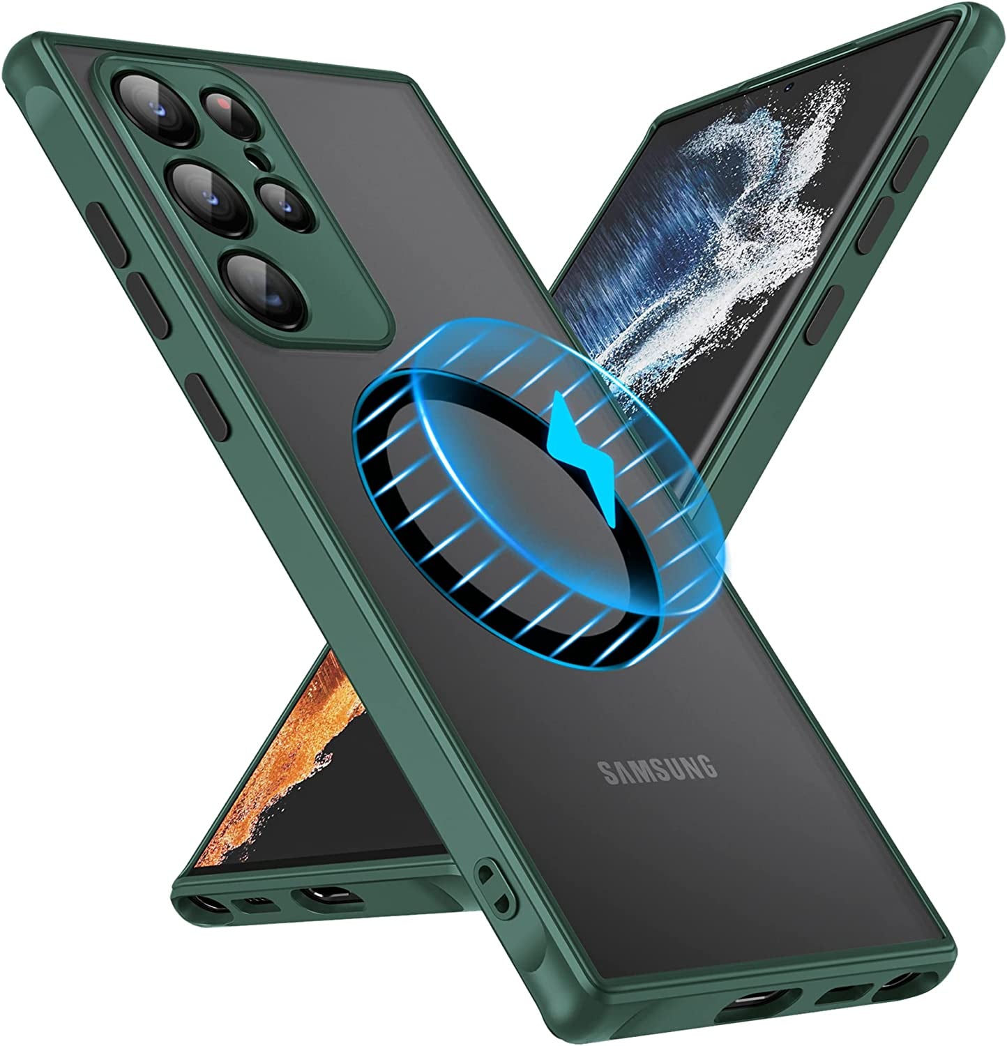 Hikerclub Galaxy S22 Ultra 5G Case, Compatible with Mag Safe Wireless Charger, Translucent Frosted Matte Back Soft Silicone Frame Military Grade Shockproof Case Cover for Galaxy S22Ultra Matte Green  HikerClub   