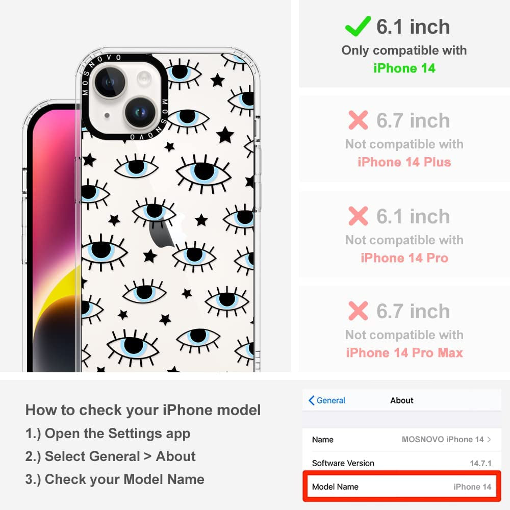 MOSNOVO Compatible with Iphone 14 Case, [Buffertech 6.6 Ft Drop Impact] [Anti Peel off Tech] Clear TPU Shockproof Bumper Phone Case Cover with Evil Eyes Designed for Iphone 14 6.1"  MOSNOVO   