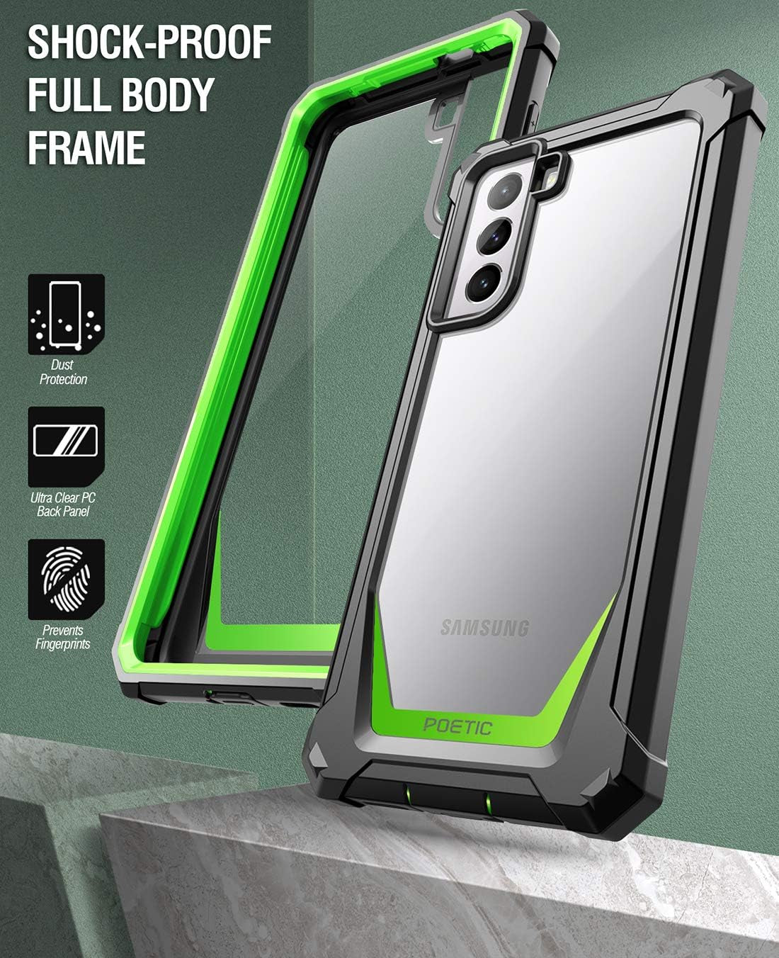 Poetic Guardian Case Designed for Samsung Galaxy S21+ plus 5G 6.7 Inch, Built-In Screen Protector Work with Fingerprint ID, Full Body Hybrid Shockproof Bumper Cover Case, Green/Clear  Poetic   