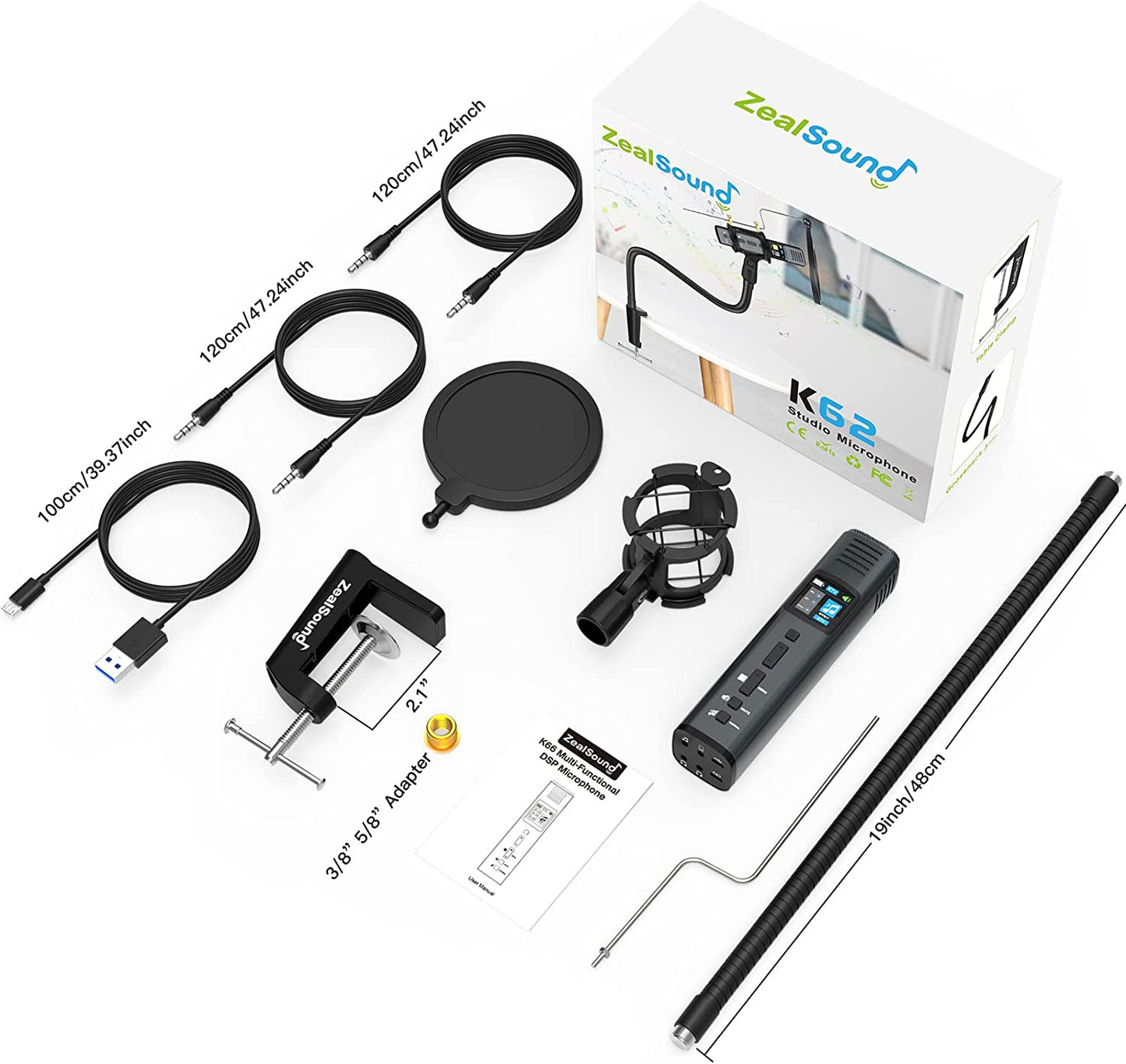 Zealsound Studio Microphone, Condenser Recording Microphone for Phone & Computer Mac Tablet, Metal DJ Mixer Mic with Gooseneck Arm Clamp Mount for Singing Podcasting Streaming Youtube Tiktok Videos  ZealSound   