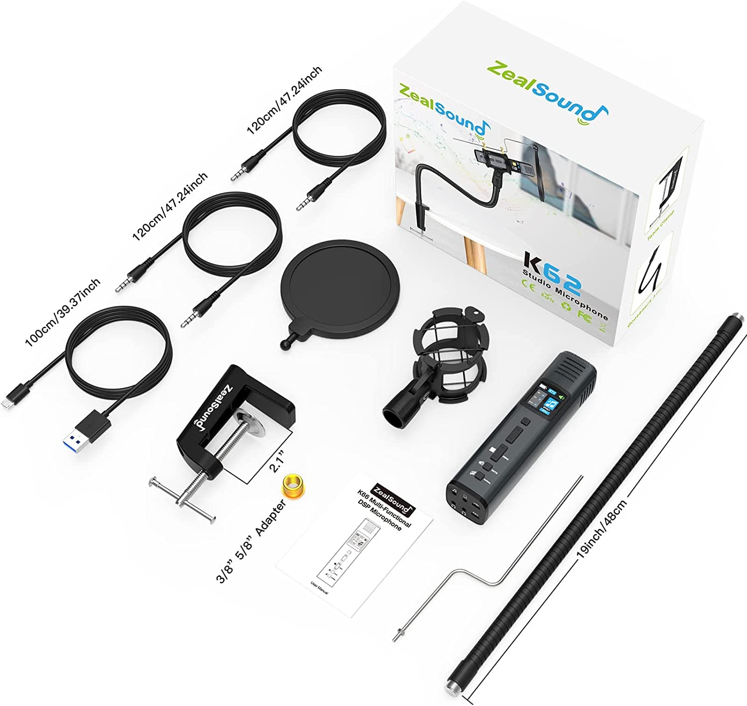 Zealsound Studio Microphone, Condenser Recording Microphone for Phone & Computer Mac Tablet, Metal DJ Mixer Mic with Gooseneck Arm Clamp Mount for Singing Podcasting Streaming Youtube Tiktok Videos  ZealSound   