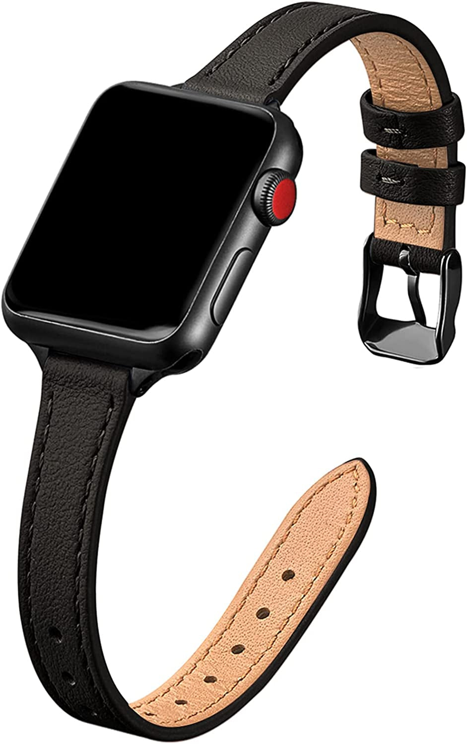 STIROLL Slim Leather Bands Compatible with Apple Watch Band 38Mm 40Mm 41Mm 42Mm 44Mm 45Mm 49Mm, Top Grain Leather Watch Thin Wristband for Iwatch Ultra SE Series 8/7/6/5/4/3/2/1  STIROLL Black with Black 42mm/44mm/45mm/49mm 