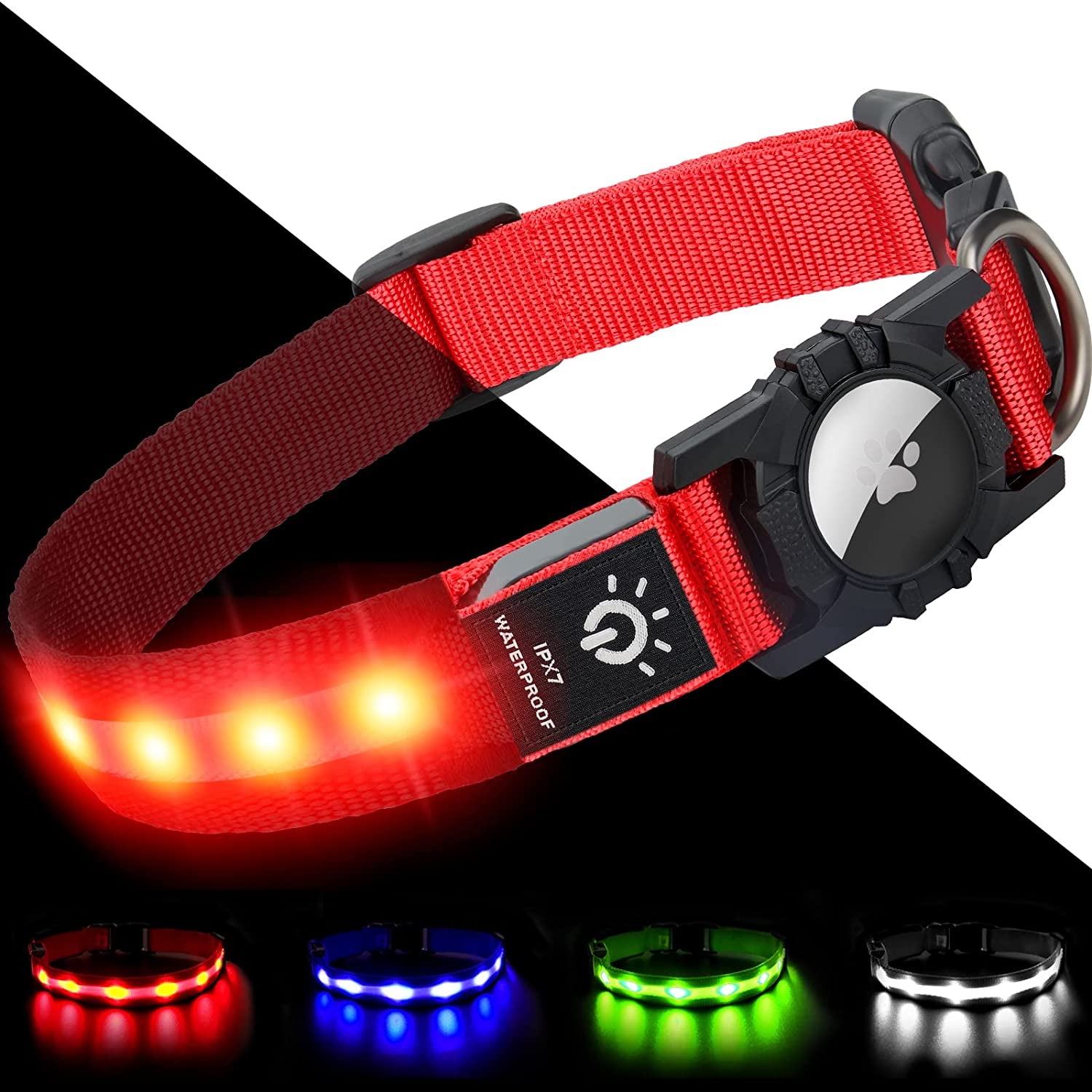 Joytale LED Airtag Dog Collar[100% IPX7 Waterproof], Light up Night Safety Pet Collars for Air Tag, USB C Rechargeable Lighted Glow Nylon Collar with Airtag Holder Case for Large Dogs, Red  Joytale   