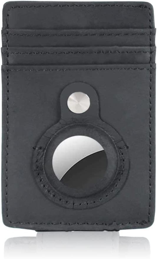 Isamzan Airtag Wallet Credit Card Holder, Slim Minimalist Genuine Leather Wallet with Money Clip Men Multifunctional RFID Blocking Front Pocket Wallets for Apple Air Tag Keychain Clearance (Black)  iSamzan   