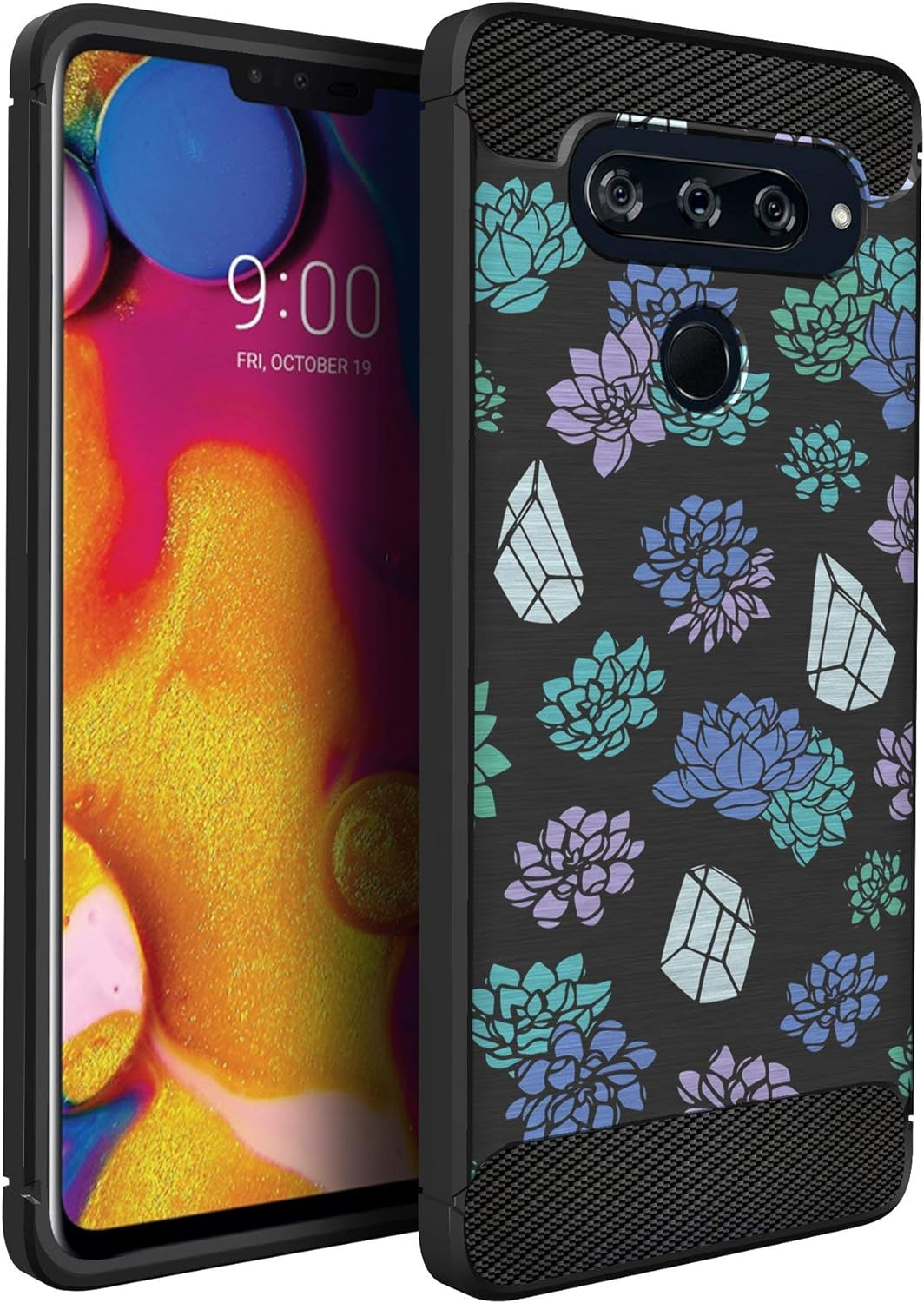 Casesondeck Case Compatible with [LG V40 Thinq] Tribal Floral Matte TPU Flexible Carbon Fiber Textured (Dreamcatcher)  CasesonDeck Cactus Gems  