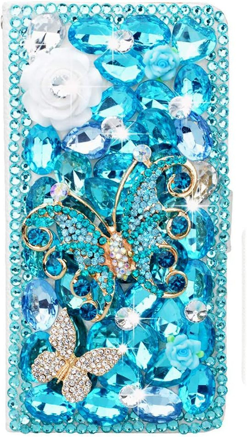 STENES Bling Wallet Case Compatible with LG V40 Thinq - Stylish - 3D Handmade Gemstone Octopus Crown Leather Cover with Cable Protector [4 Pack] - Light Blue  STENES   