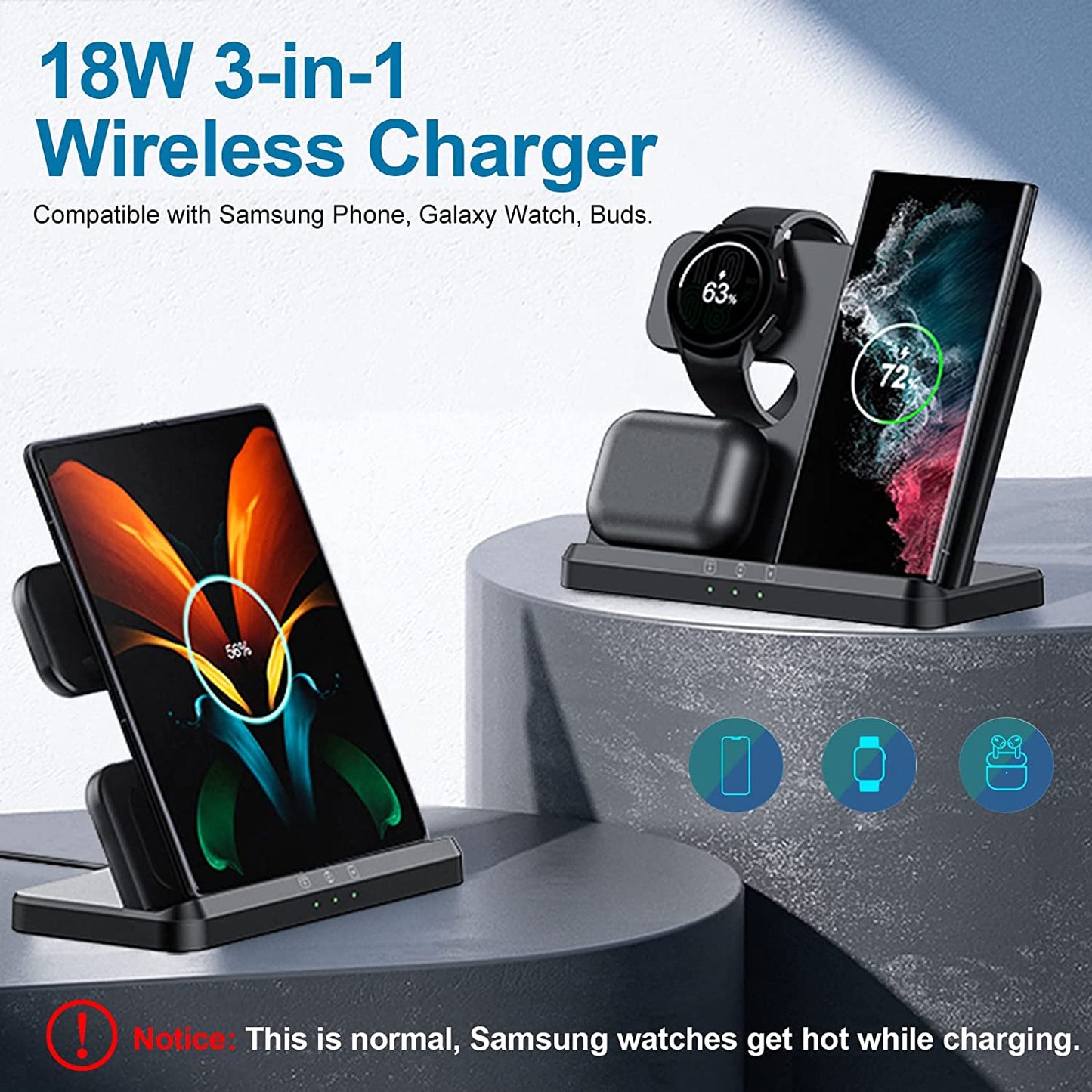 Wireless Charger for Samsung Charging Station, SWIO 3 in 1 Fast Charger Pad for Samsung Galaxy Watch 5 Pro/5/4/3/Active 2,Galaxy S23 S22 S21 S20 Ultra/Note 20 10/ Z Flip Fold 4 3 2, Buds/2/Pro/Live  Shenzhen Smacat Electronic Technology Co., Ltd.   