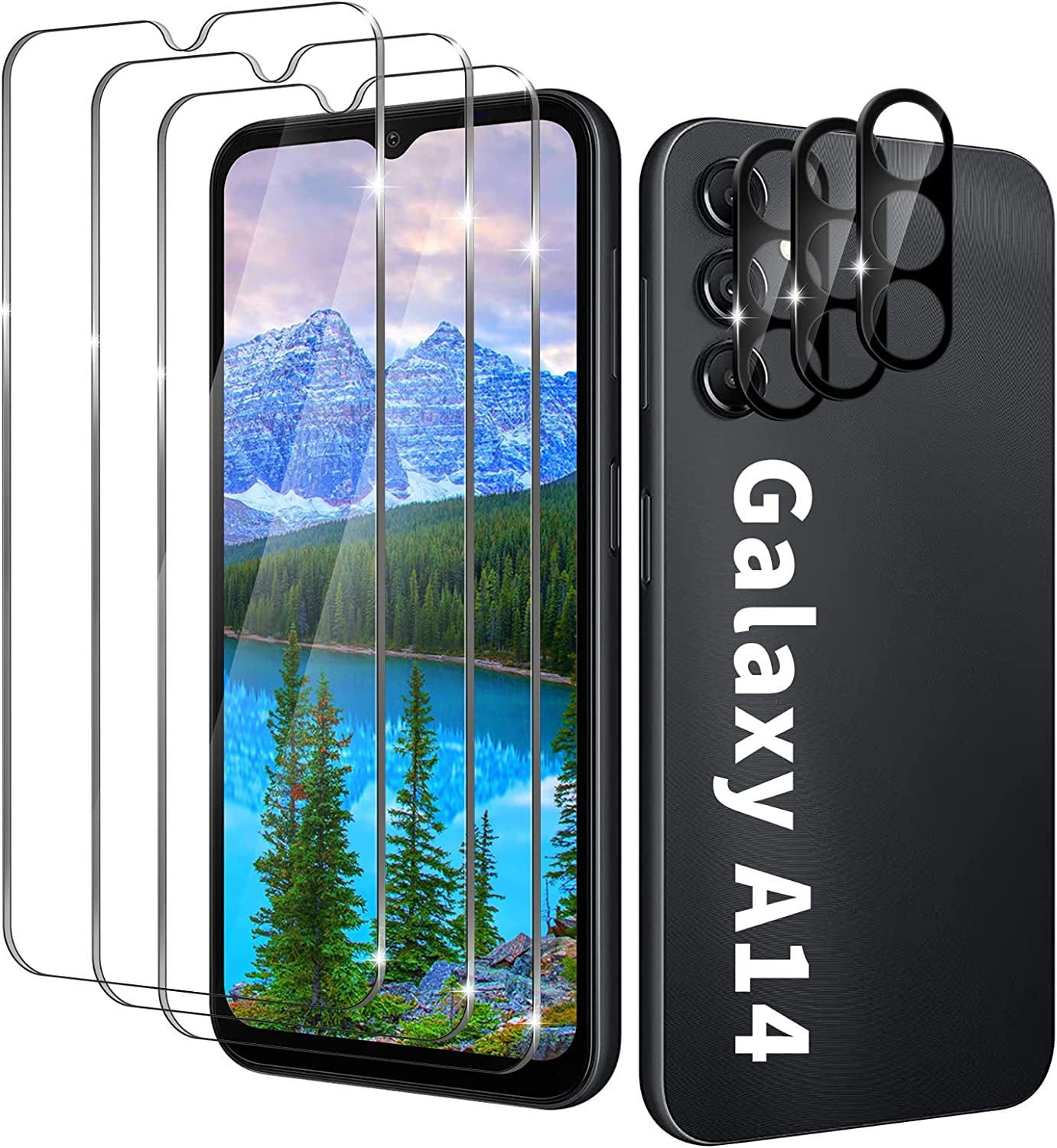 [3+3 Pack] Galaxy A14 Screen Protector with Camera Lens Protector, HD Tempered Glass Film, 9H Hardness, anti Scratch, Easy Installation, Bubble Free for Samsung Galaxy A14 5G  Corefyco Direct   