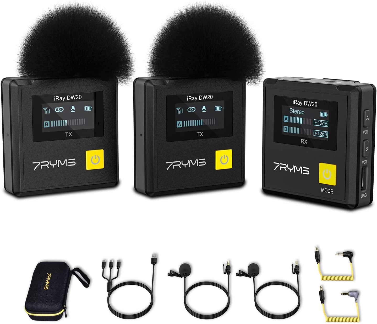 7RYMS 8G Onboard Recording Wireless-Lavalier-Microphone System Iray DW30 2.4G Dual-Channel Wireless Lapel Mic with Charging Case for Camera, Phone, Iphone, Computer, for Vlogging, Filming, Streaming  7RYMS without charging case  