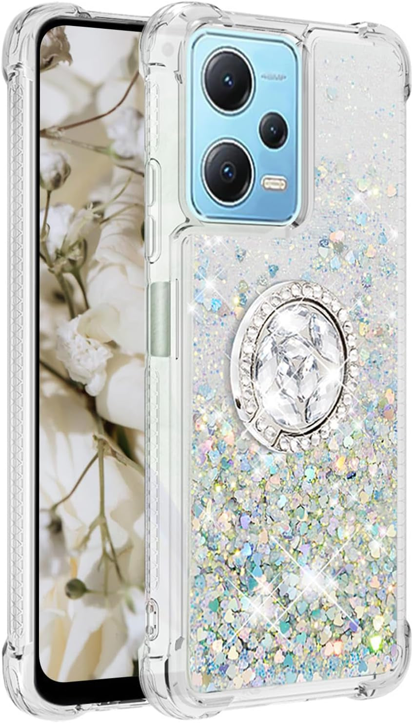 Ephoou for Xiaomi Redmi Note 12 4G Glitter Case for Women Girls, Sparkle Flowing Clear Quicksand Waterfall Soft TPU Liquid Case Cover with Bling Diamond Ring for Xiaomi Redmi Note 12 4G Lsz-Silver  Ephoou   