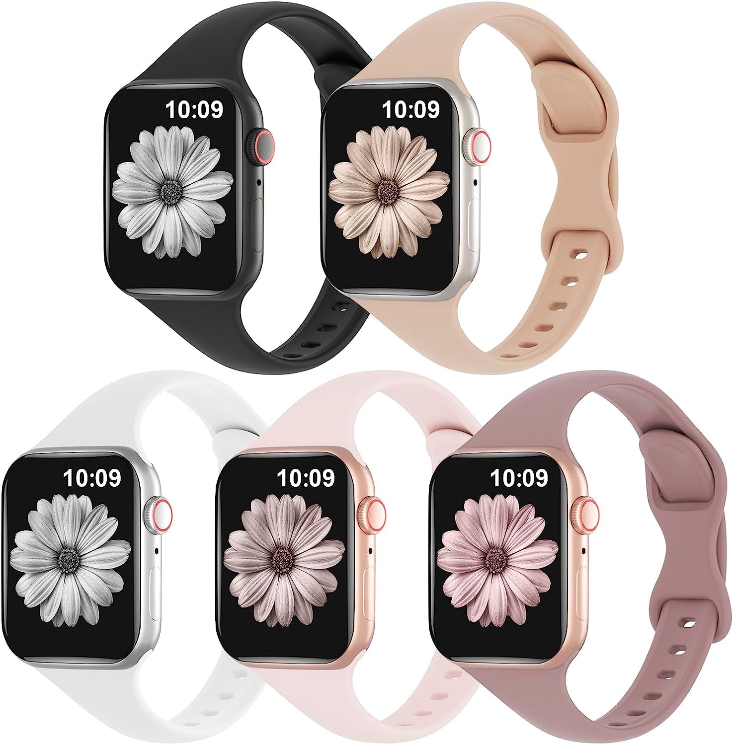 TSAAGAN 5 Pack Silicone Slim Bands Compatible with Apple Watch Band 38Mm 42Mm 40Mm 44Mm 41Mm 45Mm 49Mm, Soft Narrow Sport Strap Thin Wristband for Iwatch Ultra Series 8/7/SE/6/5/4/3/2/1 Women Men  TSAAGAN   
