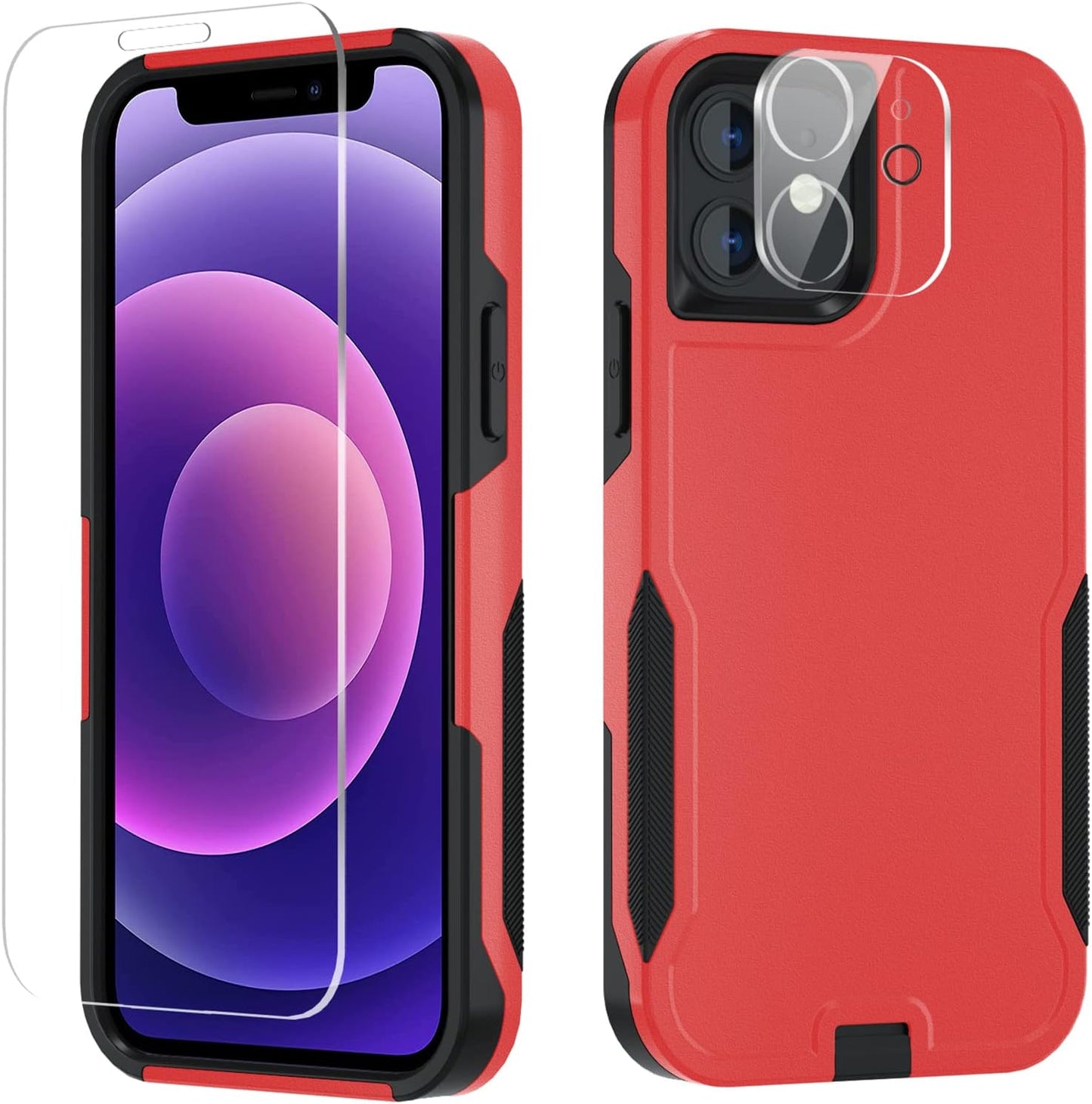 Xmon for Iphone 12 Case [Shockproof] [Dropproof] [Tempered Glass Screen Protector with Camera Lens Protector] Heavy Duty Phone Case Cover for Apple Iphone 12 and Iphone 12 Pro 6.1 Inch (Orange)  Xmon Red  