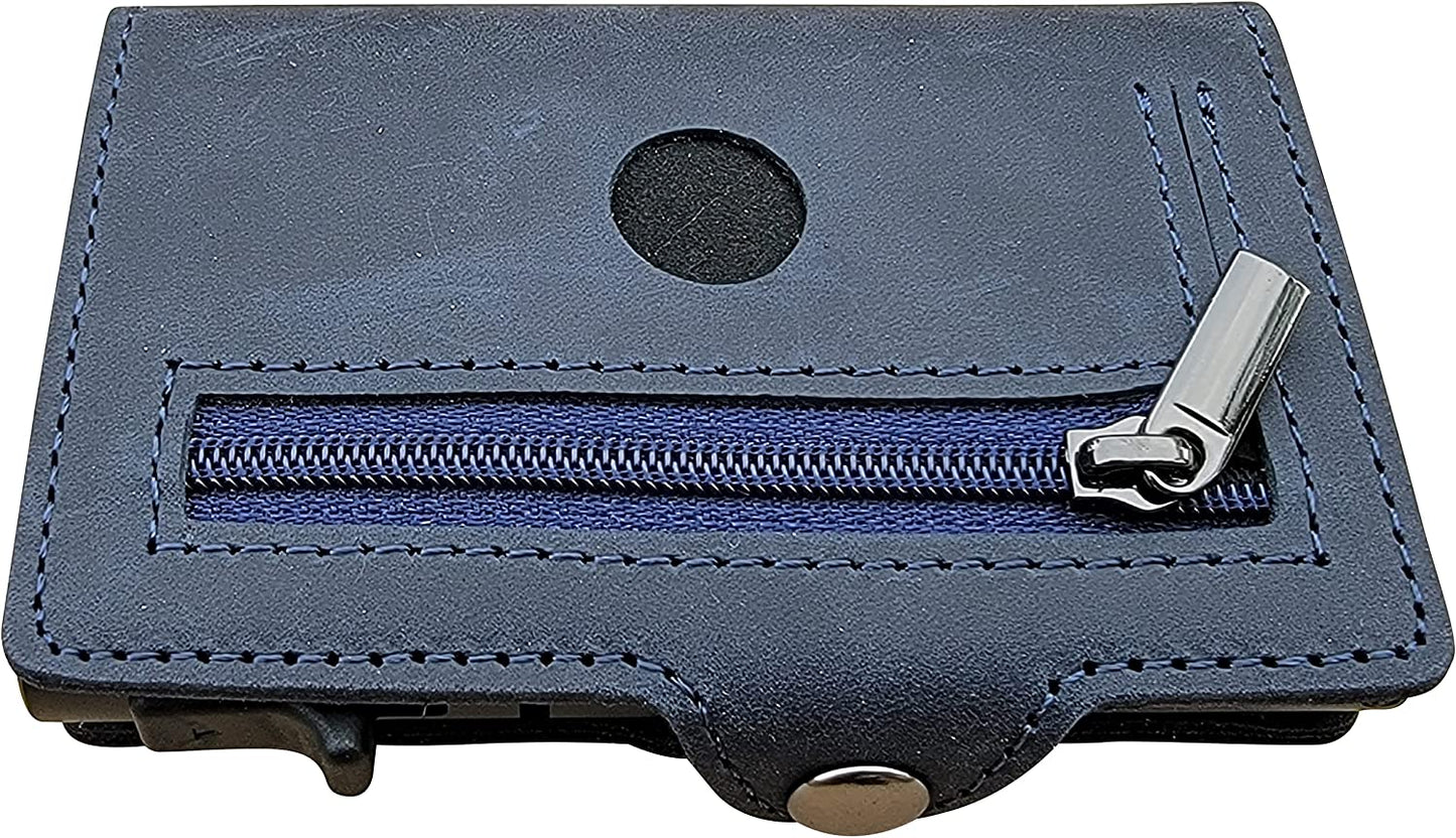 TNE Airtag Wallet Genuine Leather Credit Card Money Holder for Men | RFID Blocking | Automatic Popup Mini Aluminum Bifold Slim Zipper Coin Pocket Airtag Case Mens Wallets Air Tag Cover (Blue)  Thepricesright4u   