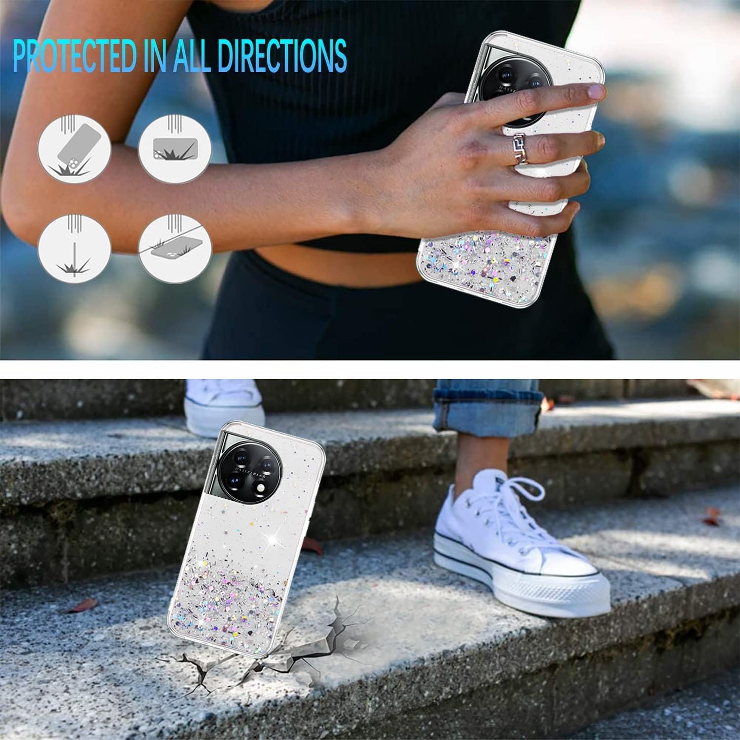 Compatible with Oneplus 11 Case Glitter Clear Green, Oneplus 11 Phone Case Silicone Transparent Soft TPU Women Girls Shockproof Protective Slim Cover (Clear)  Wousunly   