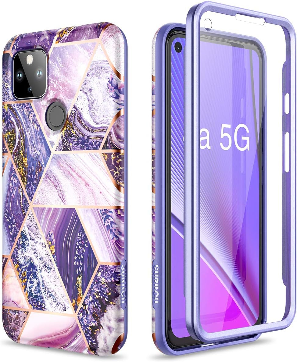 SURITCH Phone Case for Google Pixel 4A 5G 【NOT for 4G】, Front Cover with Built-In Screen Protector Full-Body Protection Shockproof TPU Bumper Protective Case for Girl Women Cute, Gold Marble  SURITCH Lavender  
