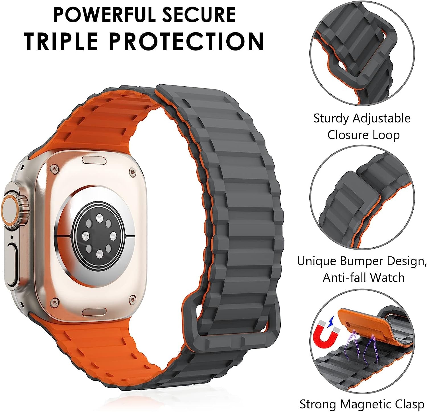 WINGLE for Apple Watch Ultra Band 49Mm Series 8 Series 7 45Mm 44Mm 42Mm Men, Strong Magnetic Bands Bracelet Adjustable Silicone Sport Strap for Apple Watch SE 6 5 4 3 2 1 Iwatch Women,Grey/Orange  WINGLE   