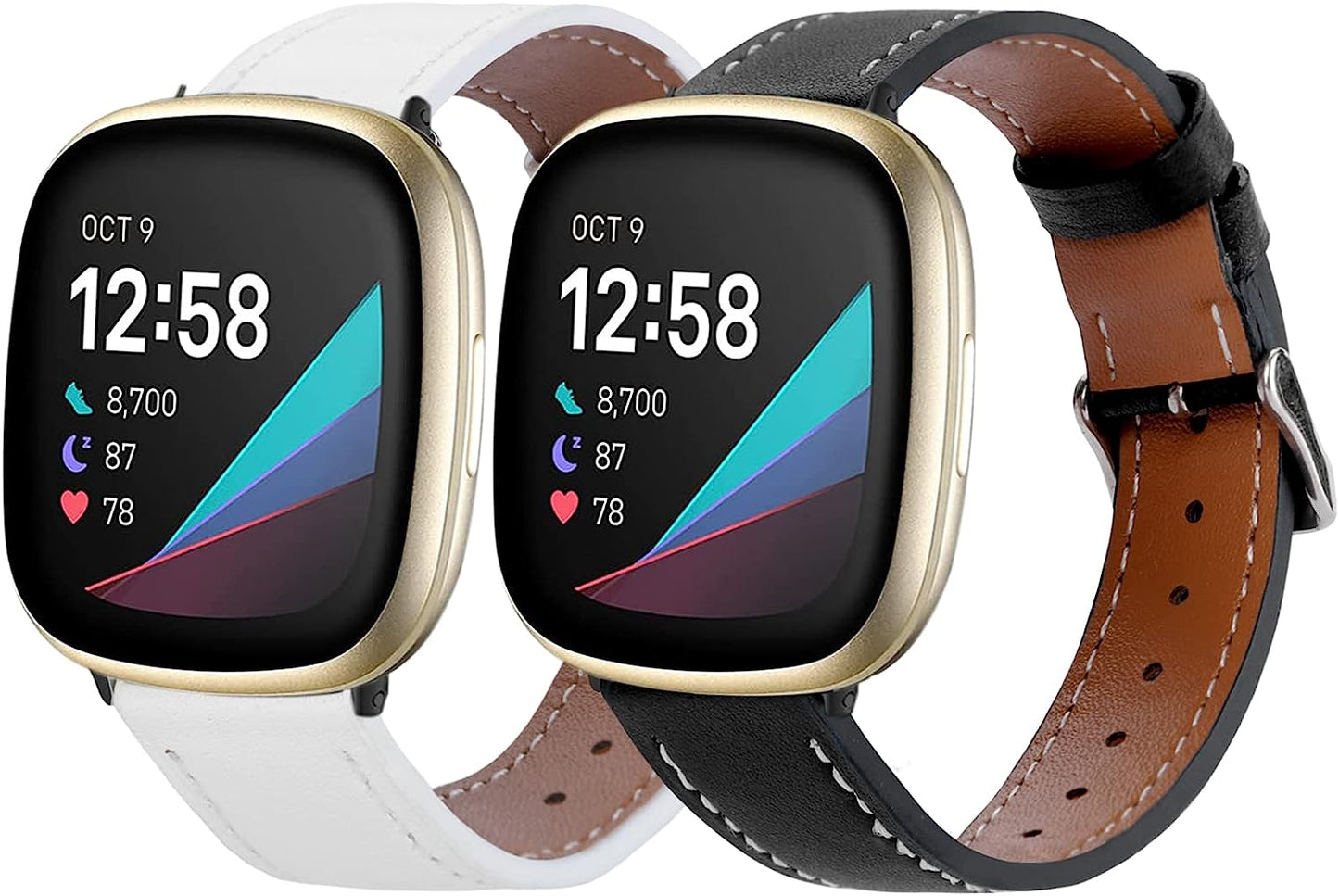 2 Pack Leather Bands Compatible with Fitbit Versa 3 Bands/Fitbit Sense Bands for Women Men, Classic Soft Leather Replacement Wristbands Strap for Fitbit Versa 3 / Fitbit Sense  POHNUI Black & White  