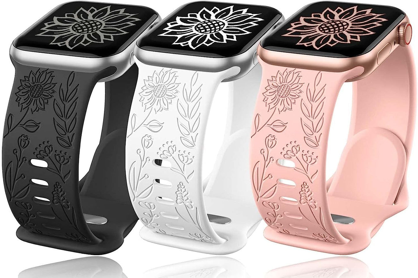 3 Pack Sunflower Engraved Bands Compatible with Apple Watch Band 38Mm 40Mm 41Mm 42Mm 44Mm 45Mm 49Mm Women Girl, Flower Silicone Wrist Bands Strap Compatible with Iwatch Series 8 7 6 5 4 3 2 1 SE Ultra  SNBLK Black/White/Pink 38mm/40mm/41mm 
