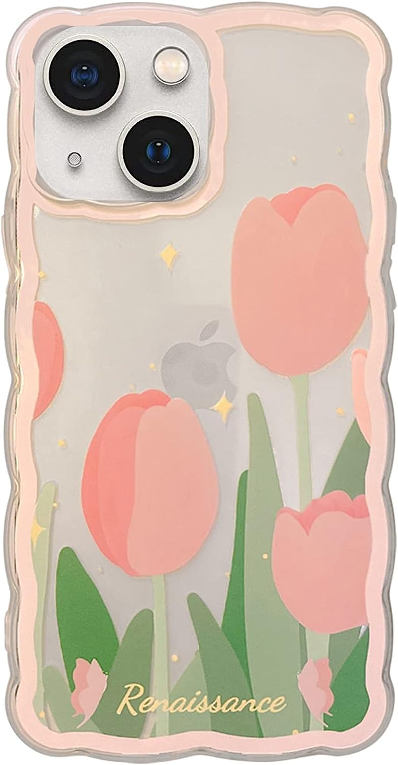 GUSDBSW Cute Iphone 14 plus Case for Women Girls, Lovely Floral Strawberry Pattern Wave Comfortable Grip Design for Girly, Slim Thin Soft Flexible TPU Clear Protective Phone Case - Blueberry Flower  GUSDBSW Tulip Flower Iphone 14 