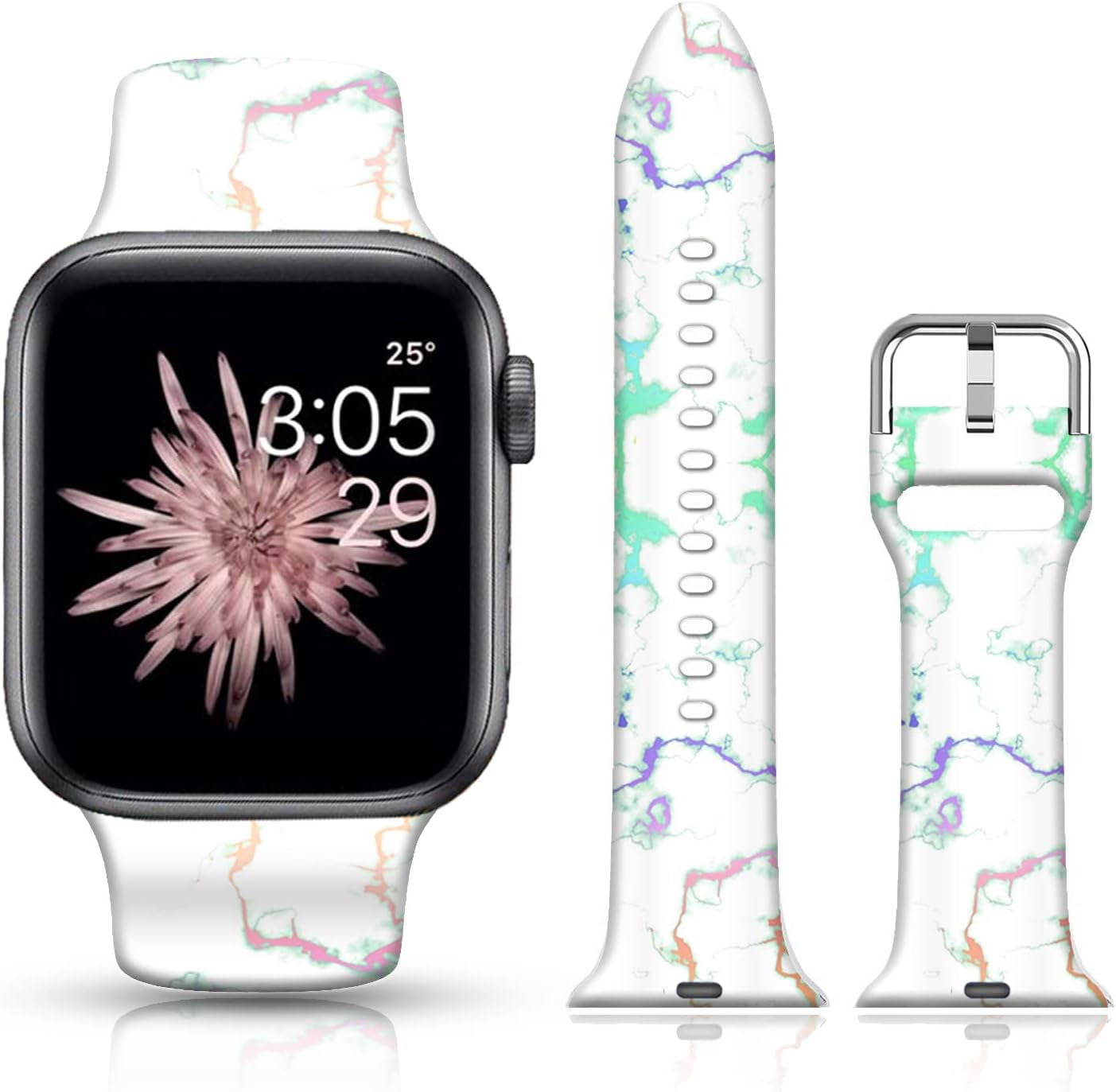 FTFCASE Silicone Floral Bands Compatible with Apple Watch 49Mm 45Mm 44Mm 42Mm, Gray Pattern Printed Soft Silicone Sport Strap Replacement for Iwatch SE Series 8 7 6 5 4 3 2 1 for Women Men Girls  FTFCASE Marble Textures 38mm/40mm/41mm 